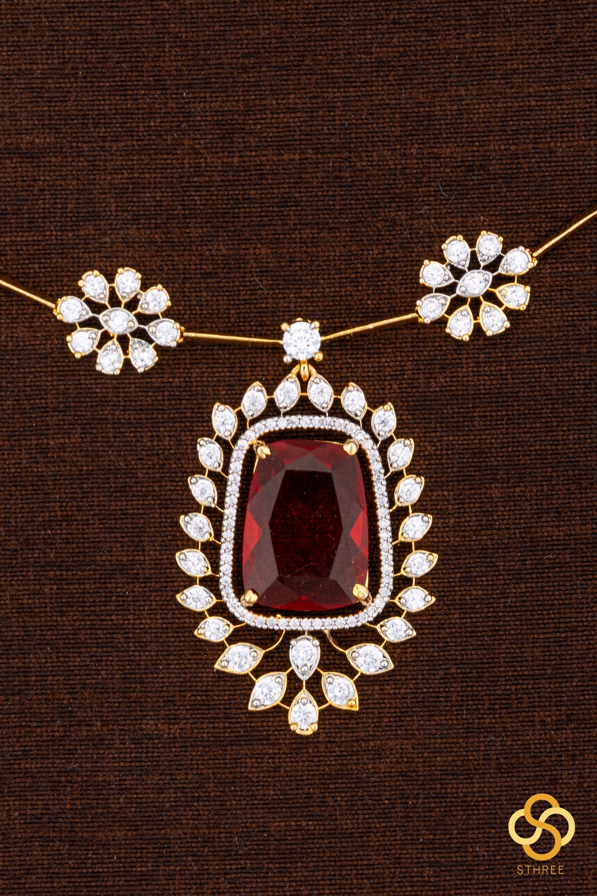 Diamond Pattern Necklace with Ruby Red Pendant