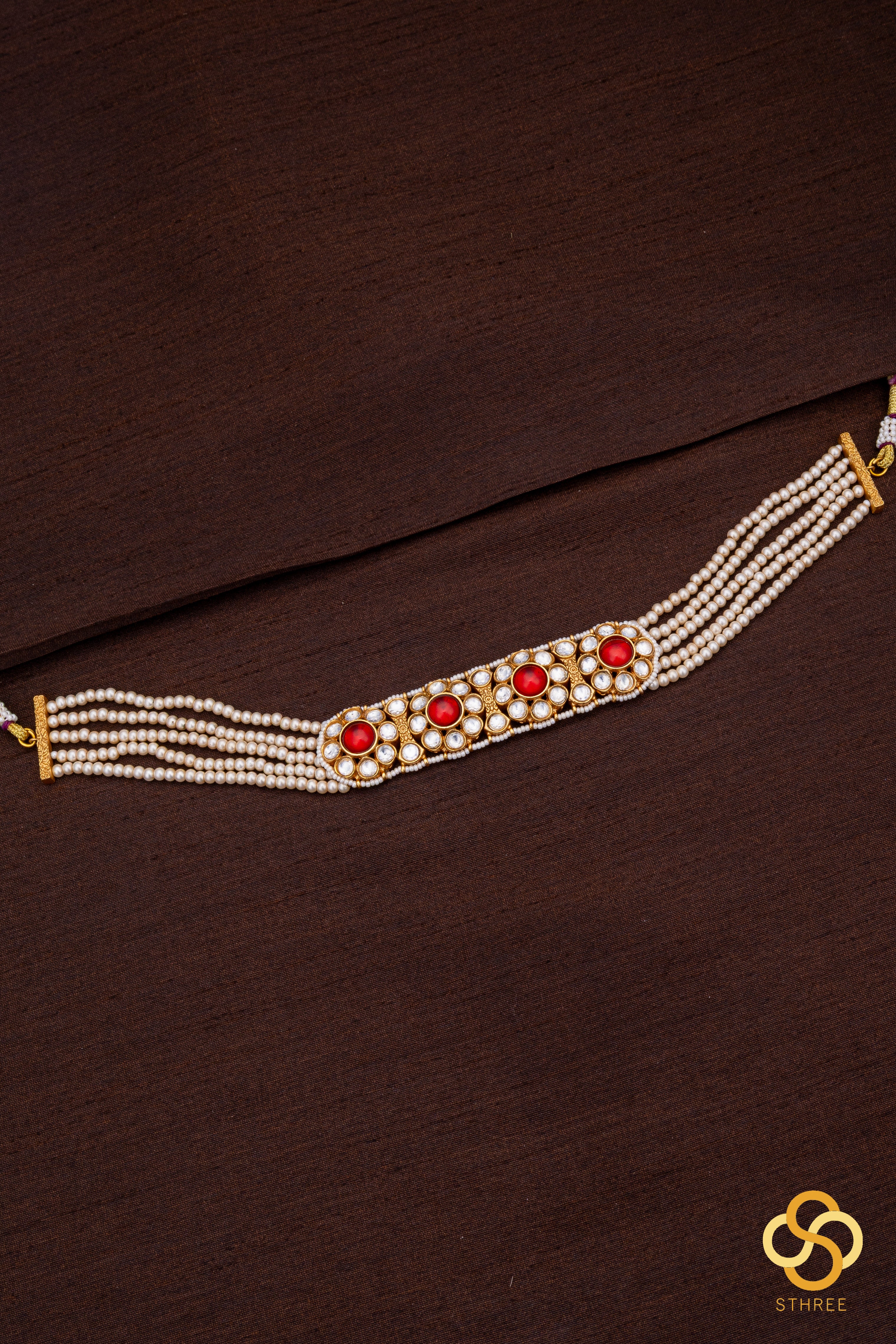 Pearl Choker in Jadau kundan pendant - ruby red