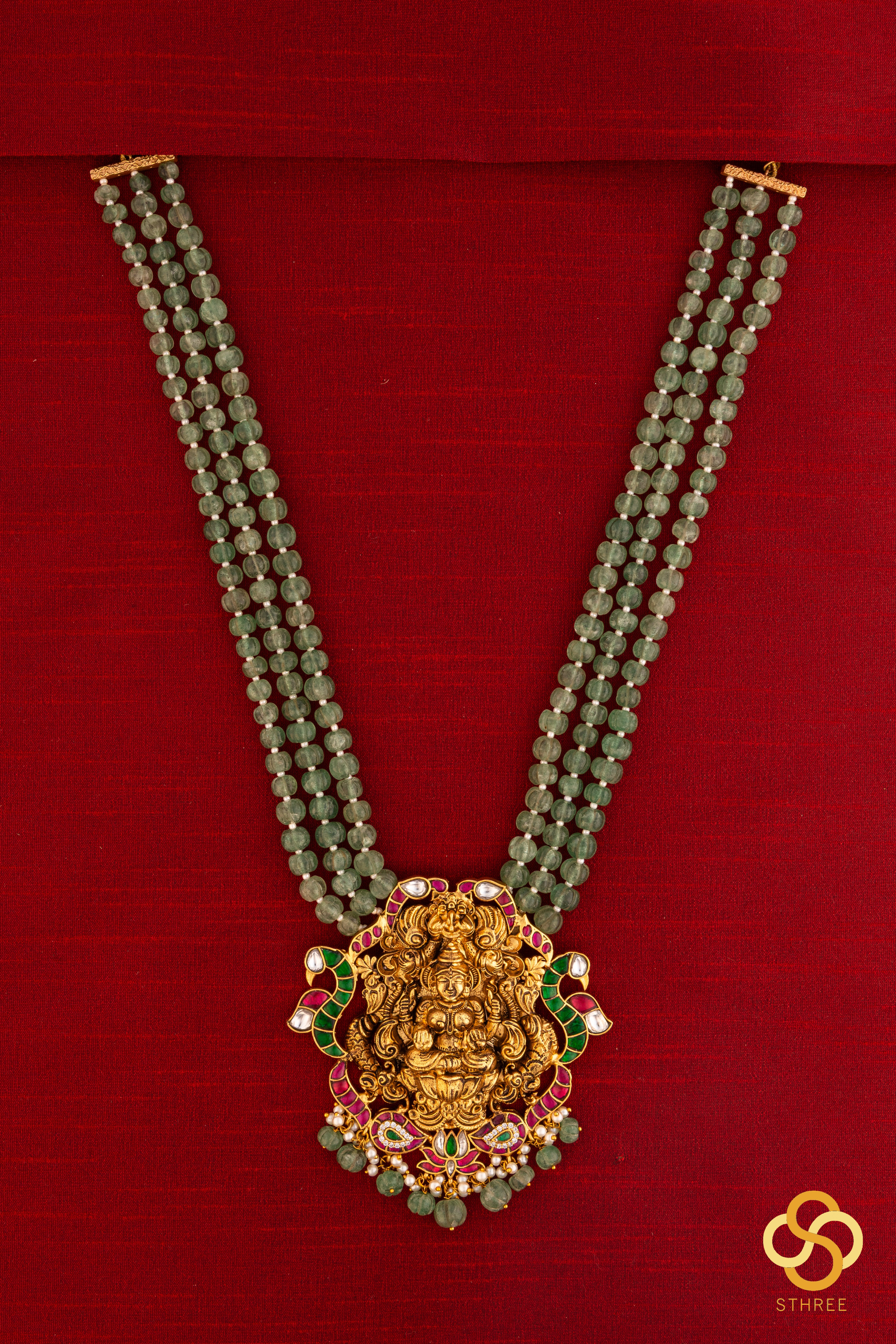 Lakshmi haram with three line green beads