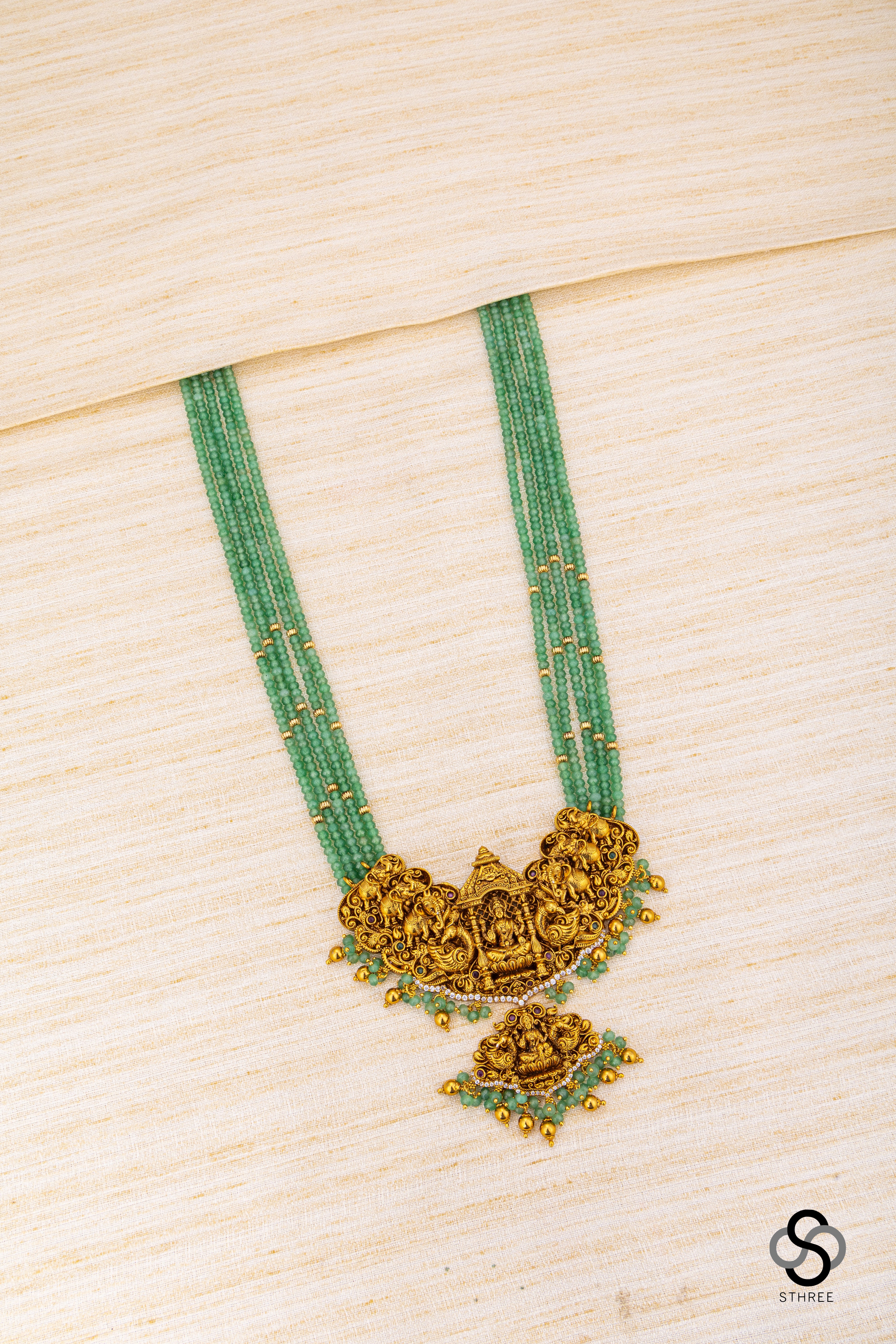 Lakshmi pendant with Nakas work - Green beads
