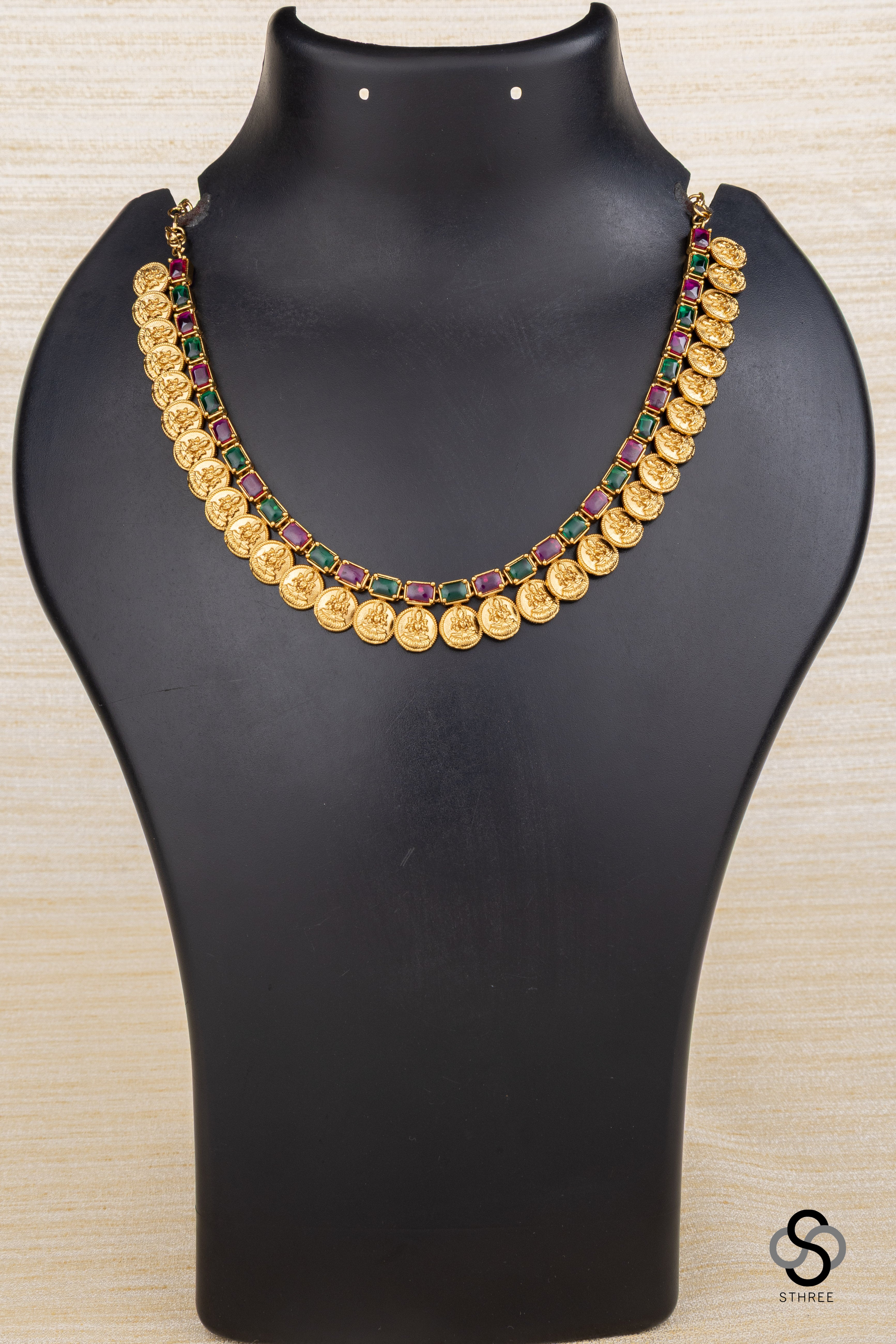 Lakshmi coins with rectangular stone - Ruby red and Emerald green