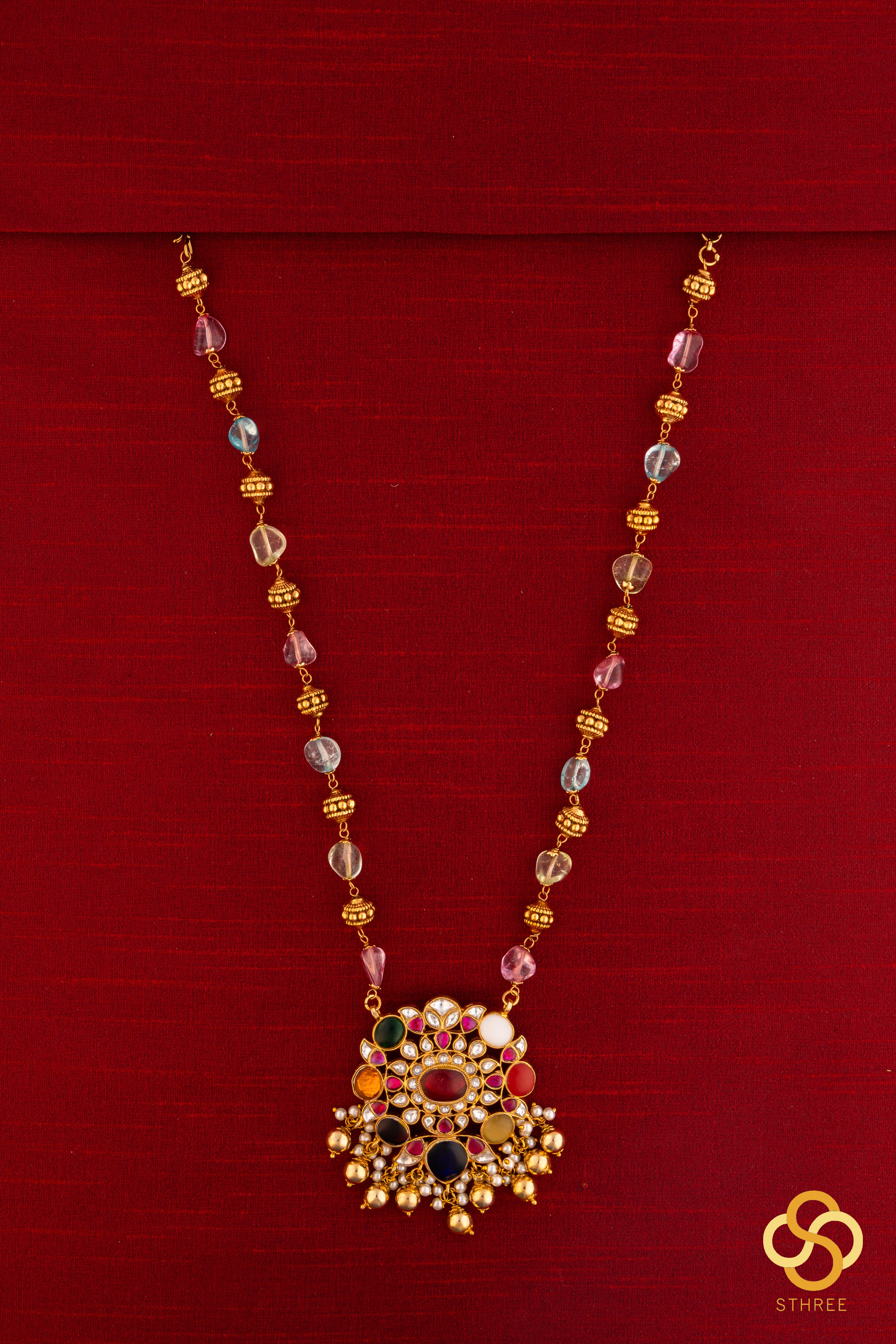 Navarathna pendant in Gold ball and Multi colour stone