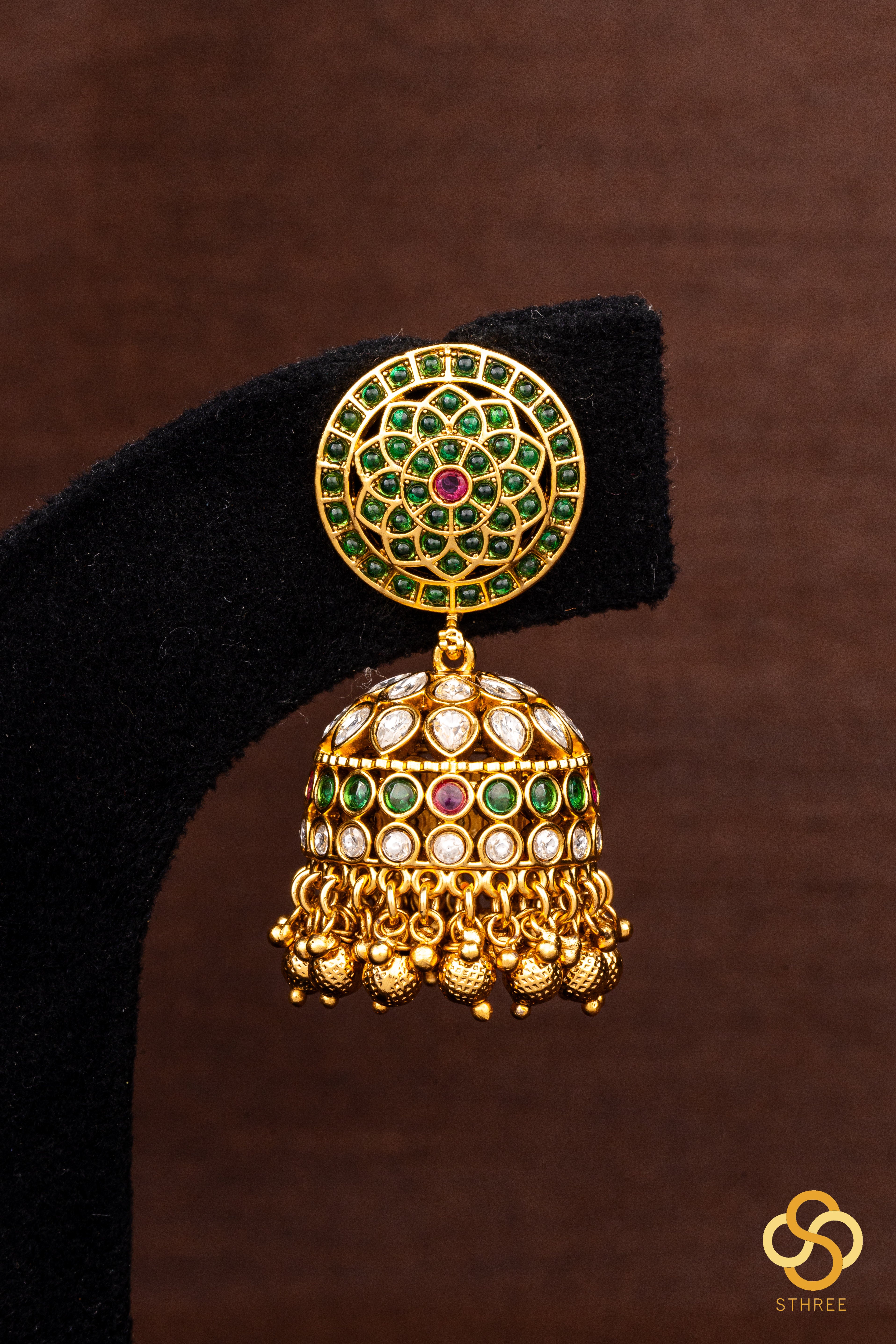 Jhumkas - Emerald green and white uncut