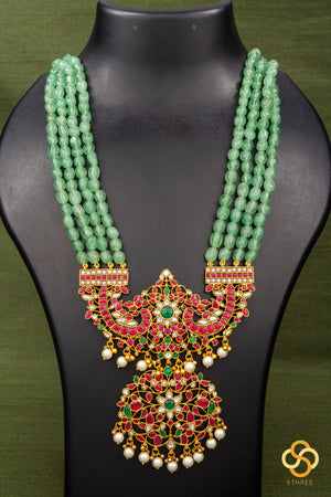 Makarakanthi Pendant in Four Lines Light Green Beads