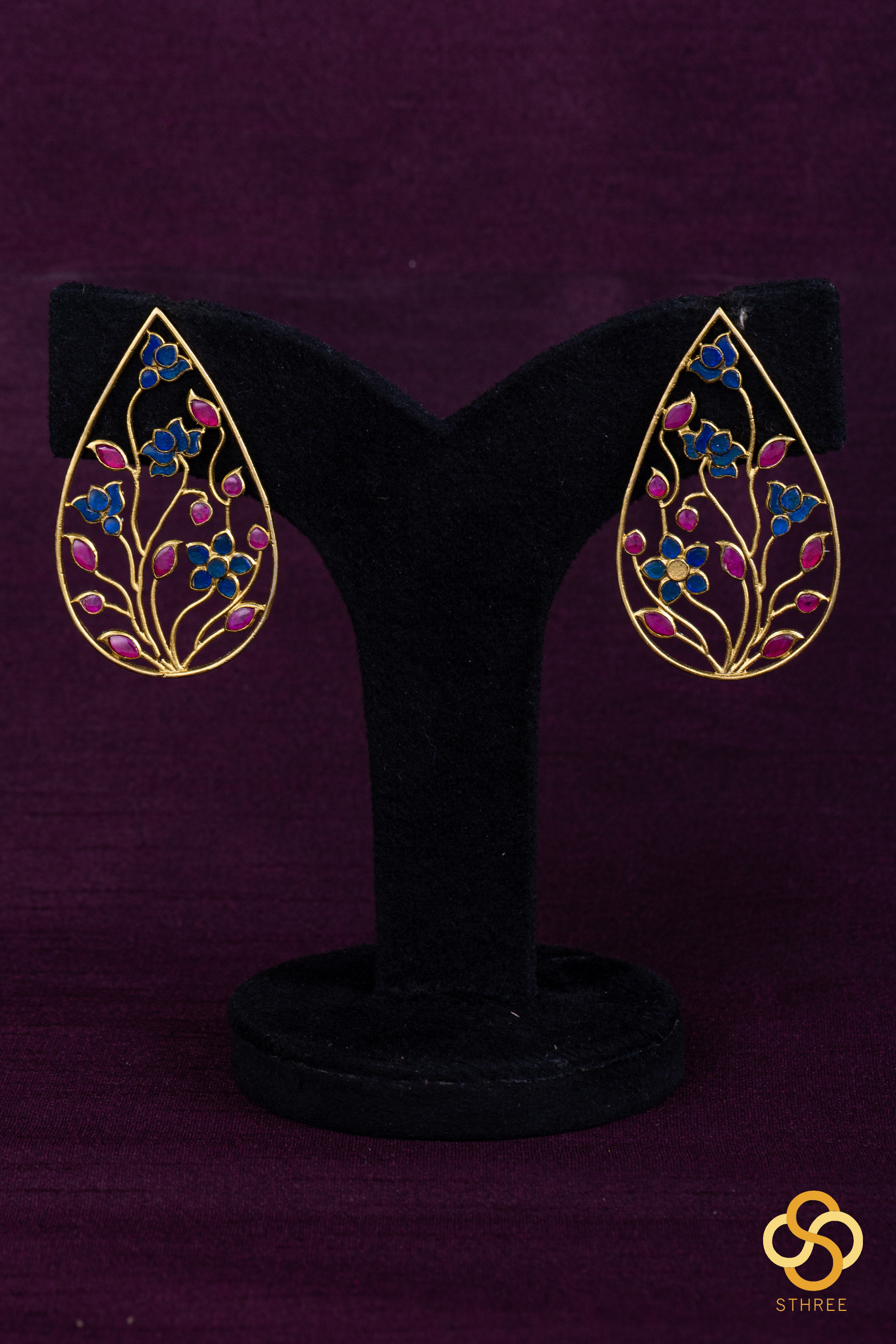 Jadau kundan earrings - Sapphire blue and ruby