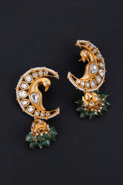 Half moon shape - Peacock jadau kundan jhumkas, white