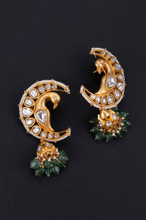 Half moon shape - Peacock jadau kundan jhumkas, white