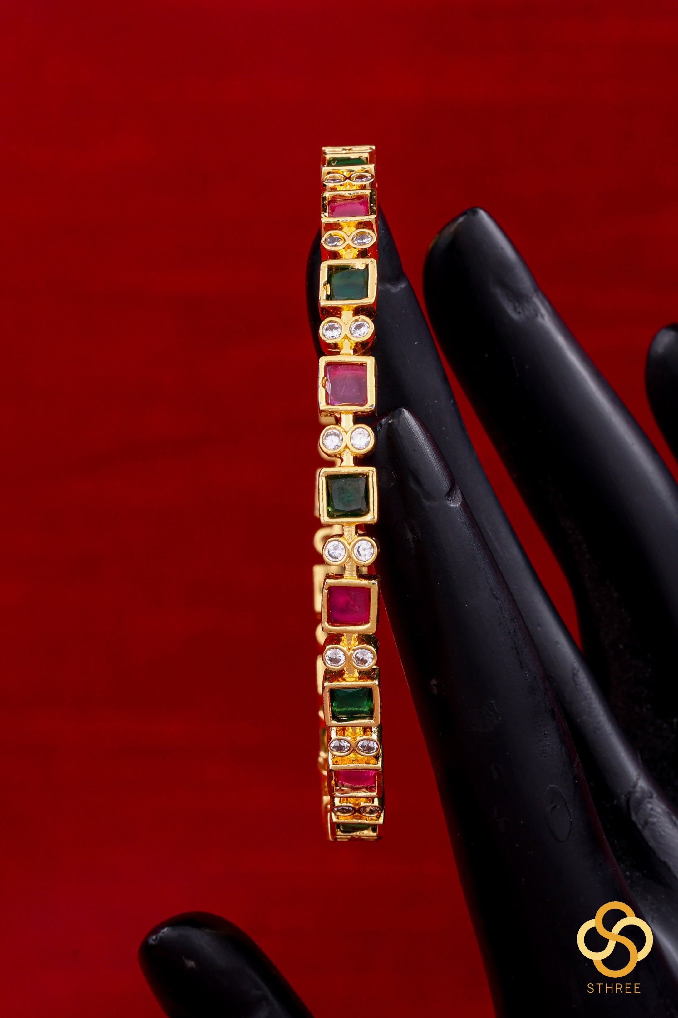 Square cut  stones with Zircons - Ruby red and green