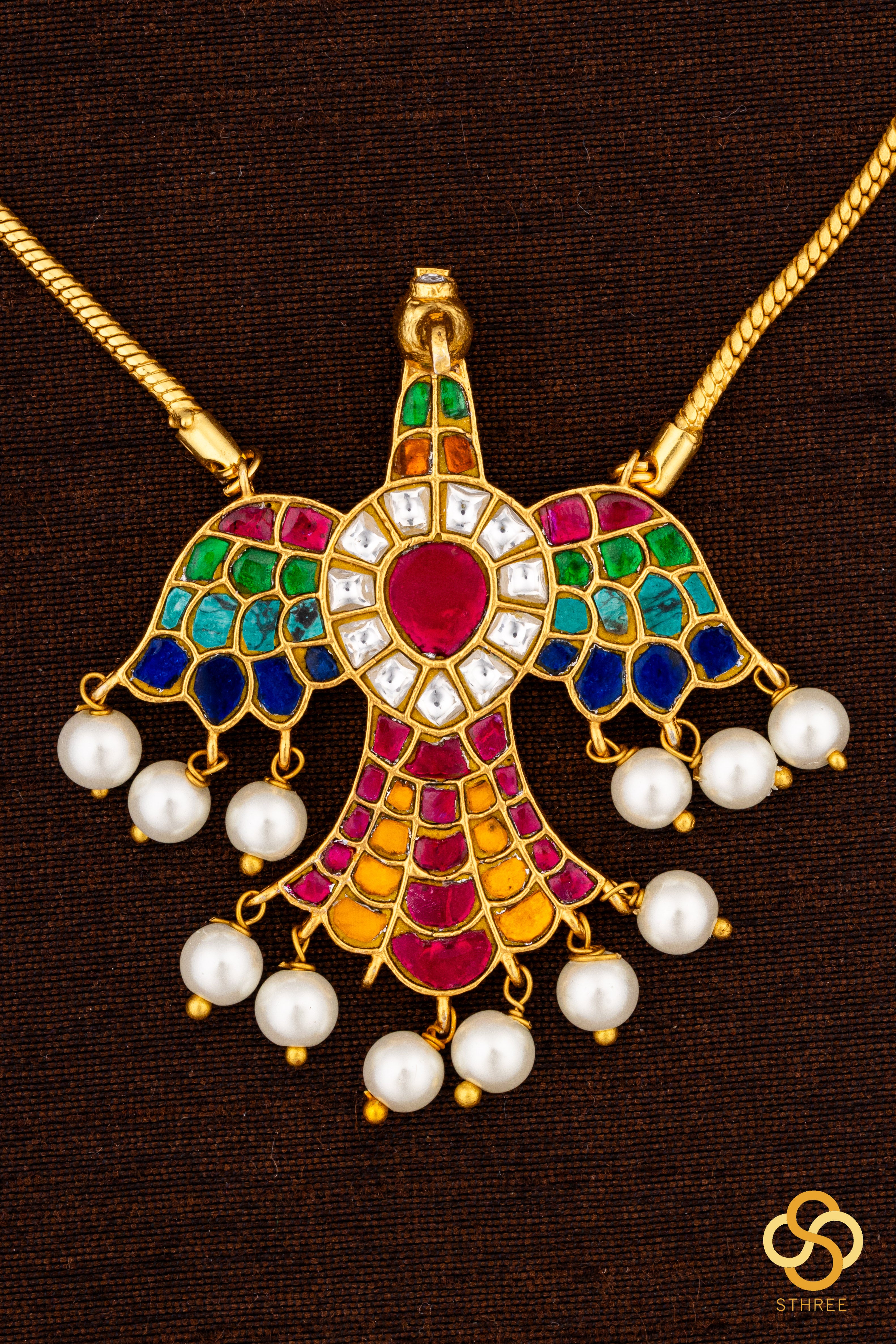 Gandaberunda Neckpiece with Pearls - Navarathna
