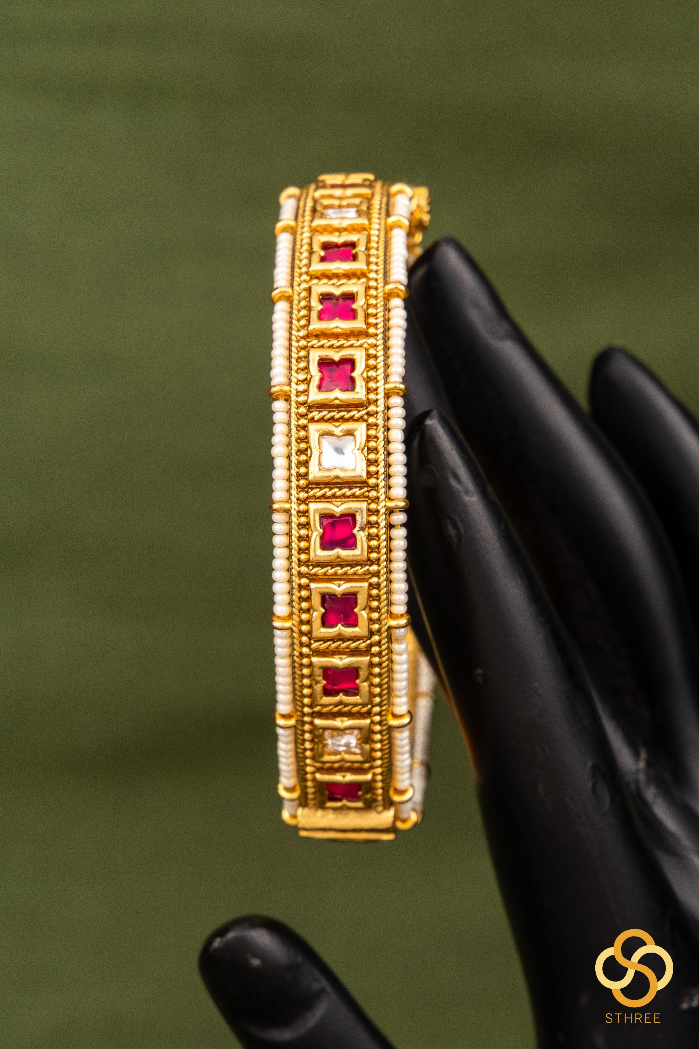 Ruby red with pearls kada  (openable pattern) - Set of 2