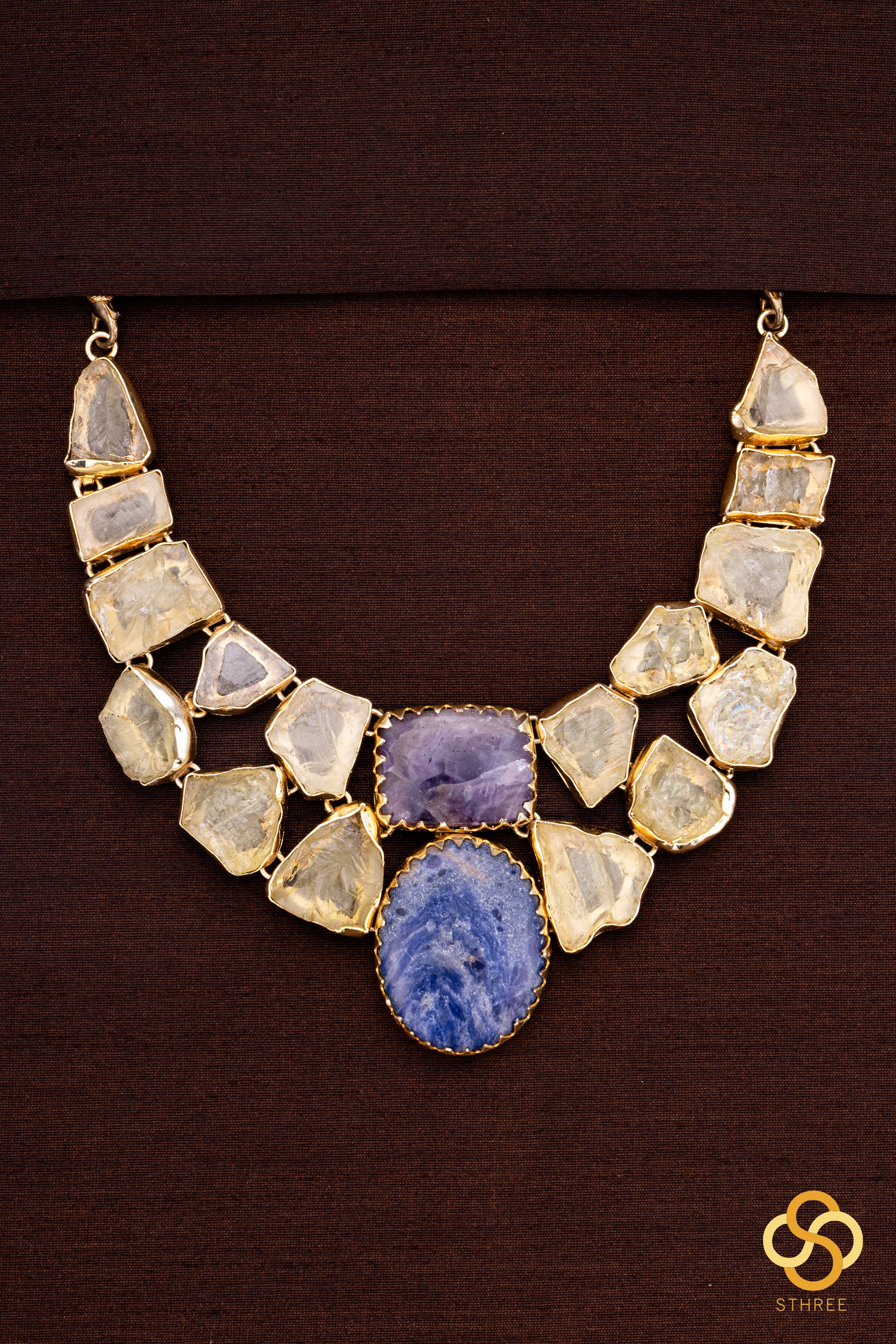 Druzy Raw stone necklace - Citrine yellow with blue