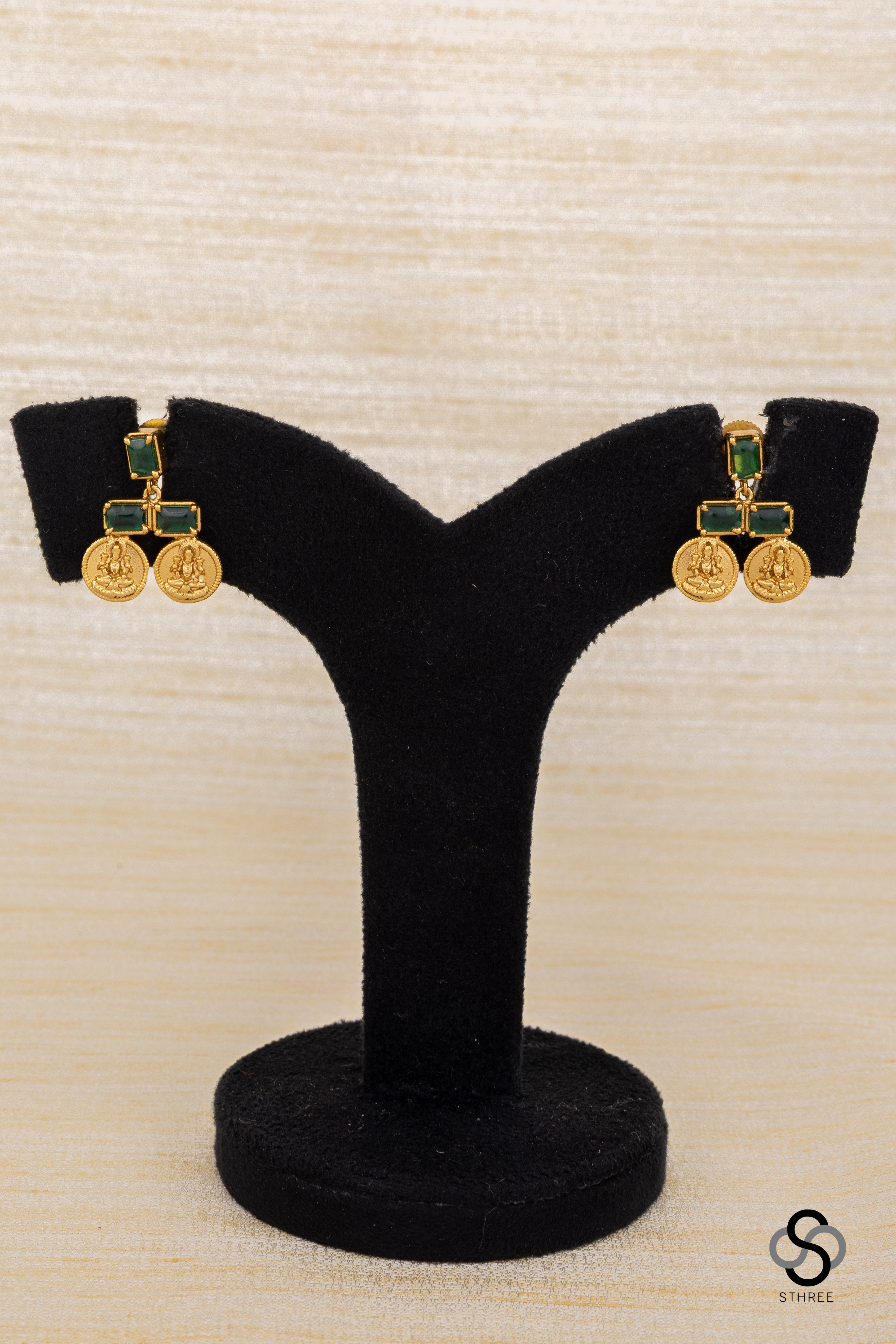 Lakshmi coins with rectangular stone - Emerald green