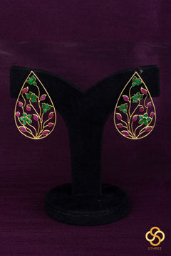 Jadau kundan earrings - Emerald colour flowers and ruby red