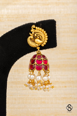 Mayil Jhumkas - Ruby red  with Pearls