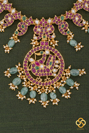 Jadau kundan with Mayil pendent Necklace  - Ruby red with green beads
