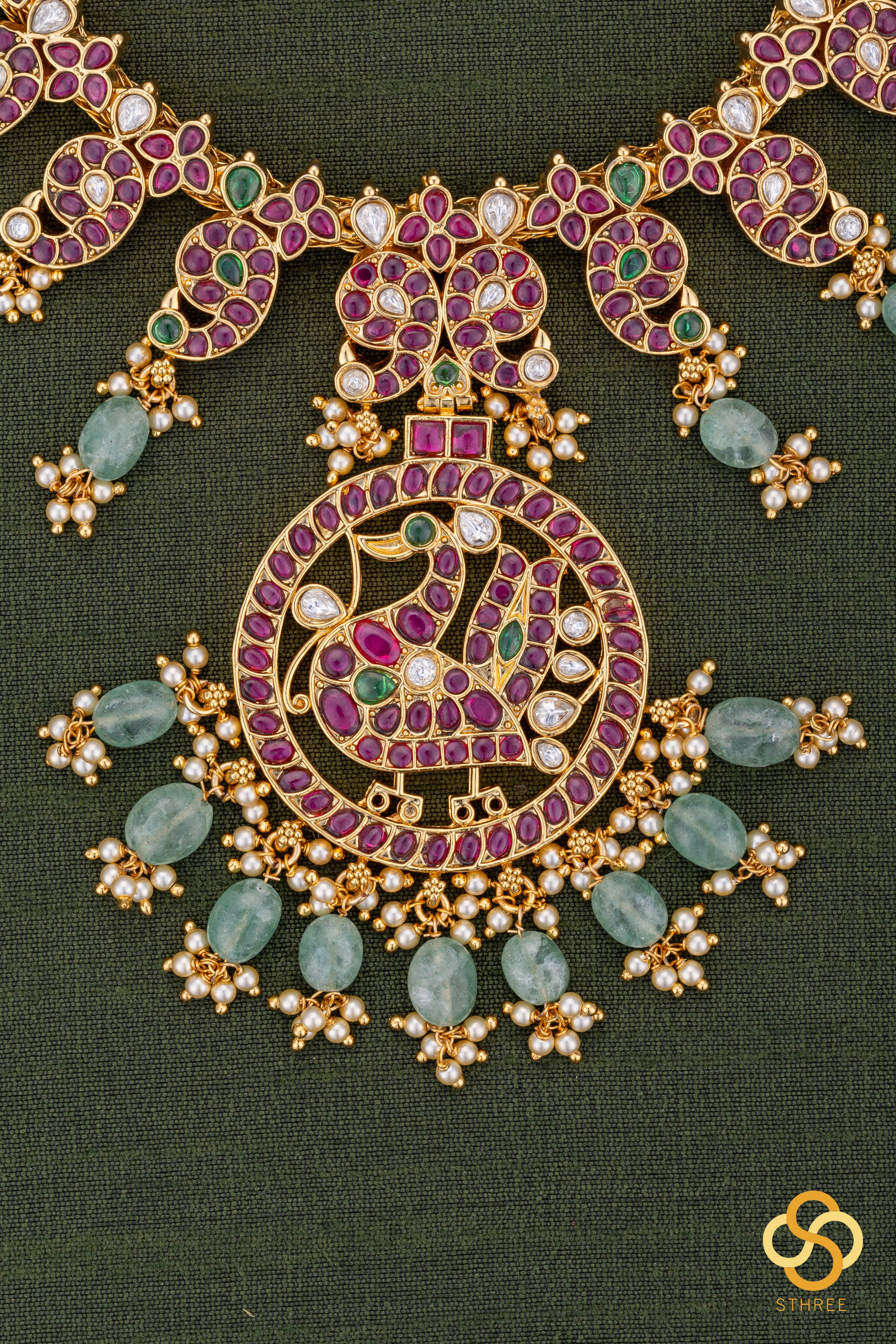 Jadau kundan with Mayil pendent Necklace  - Ruby red with green beads