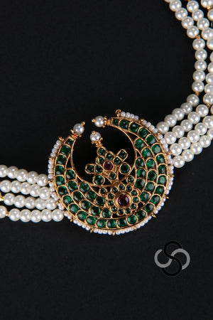 Pearl Choker - 4 Lines - Chandbali Pendant in Green