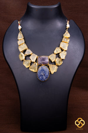 Druzy Raw stone necklace - Citrine yellow with blue