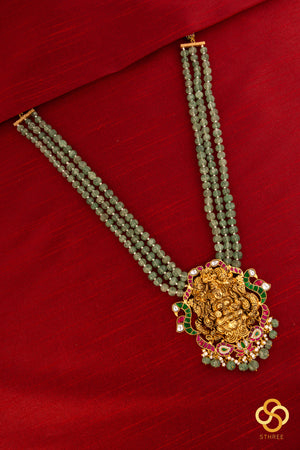 Lakshmi haram with three line green beads