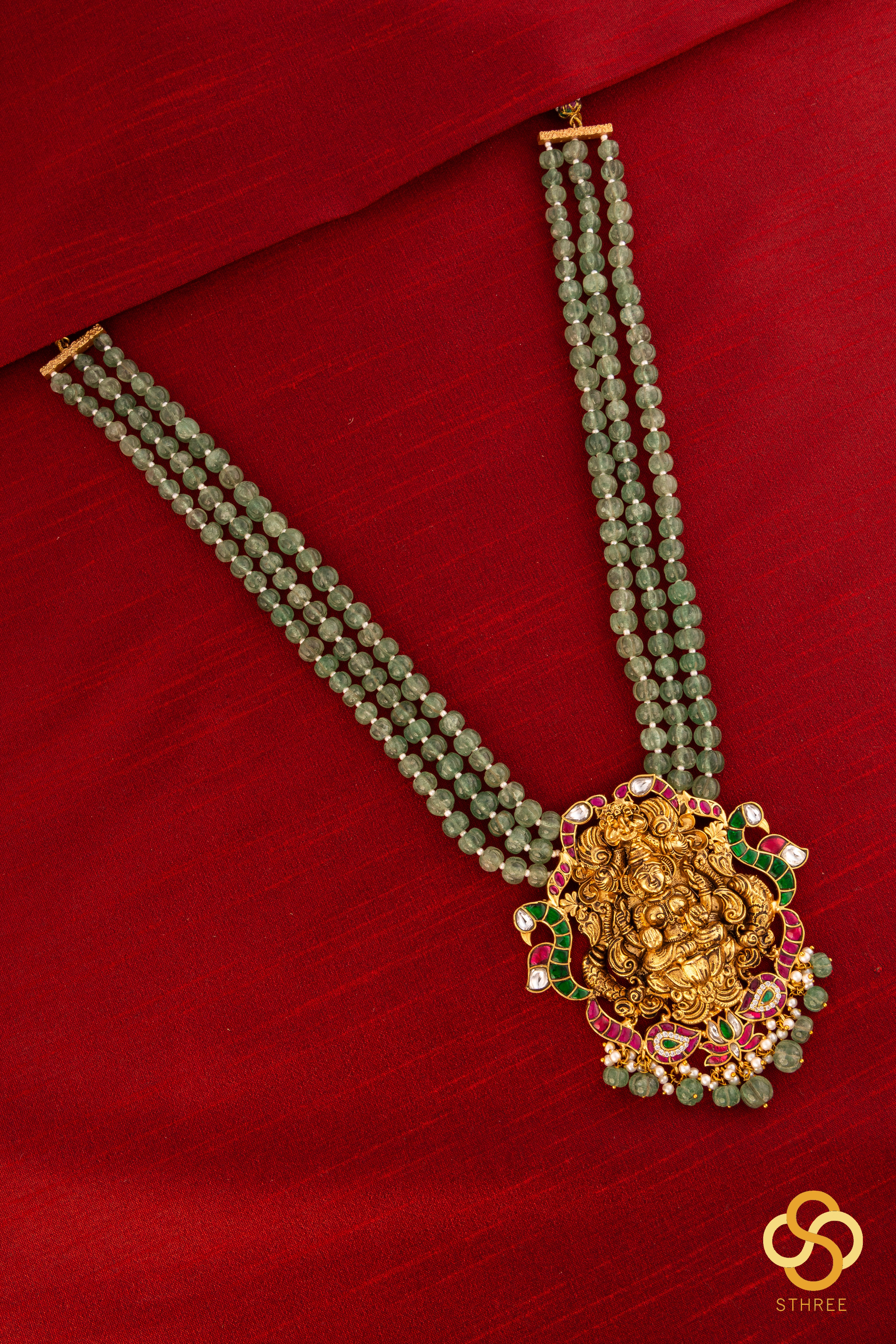 Lakshmi haram with three line green beads