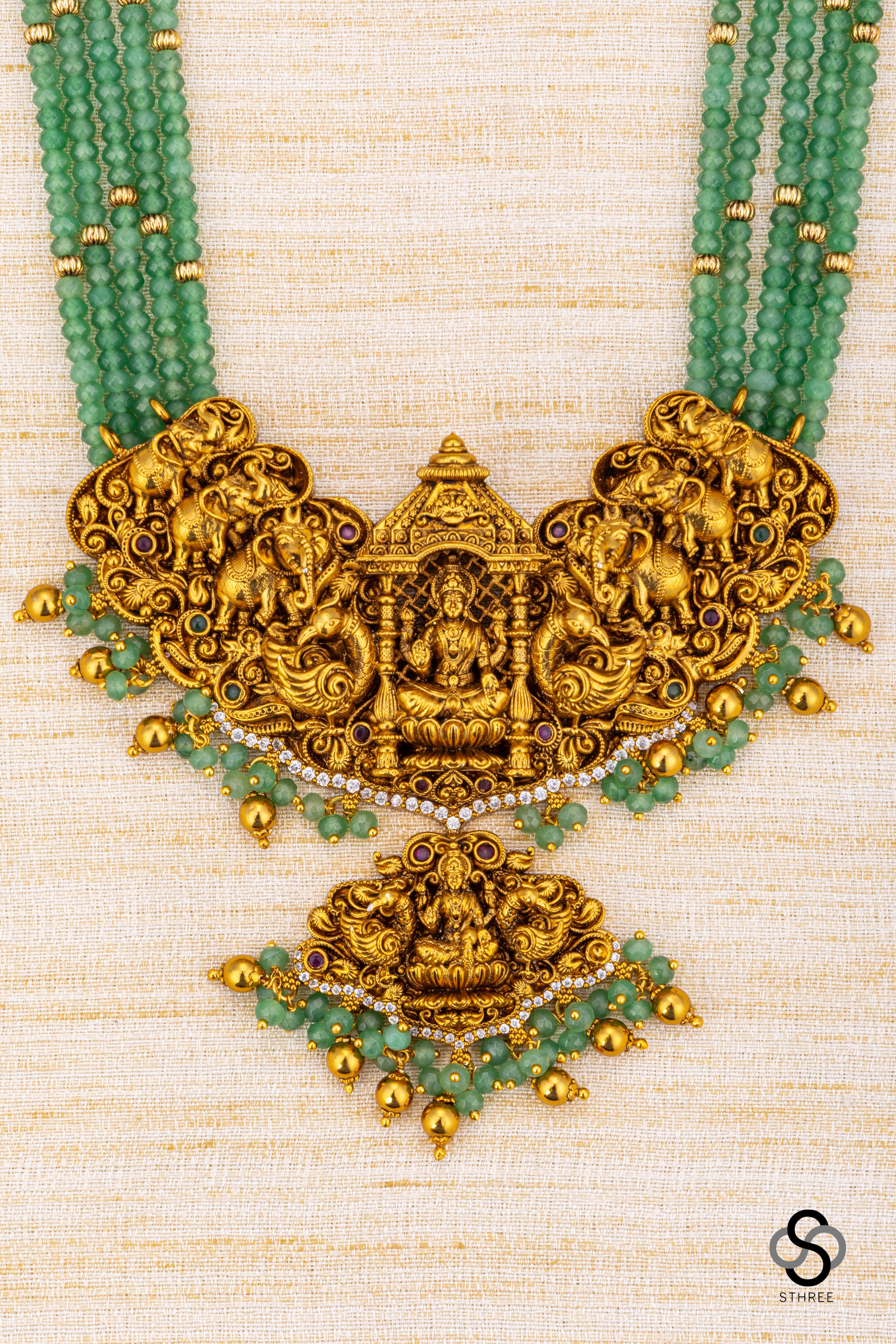 Lakshmi pendant with Nakas work - Green beads