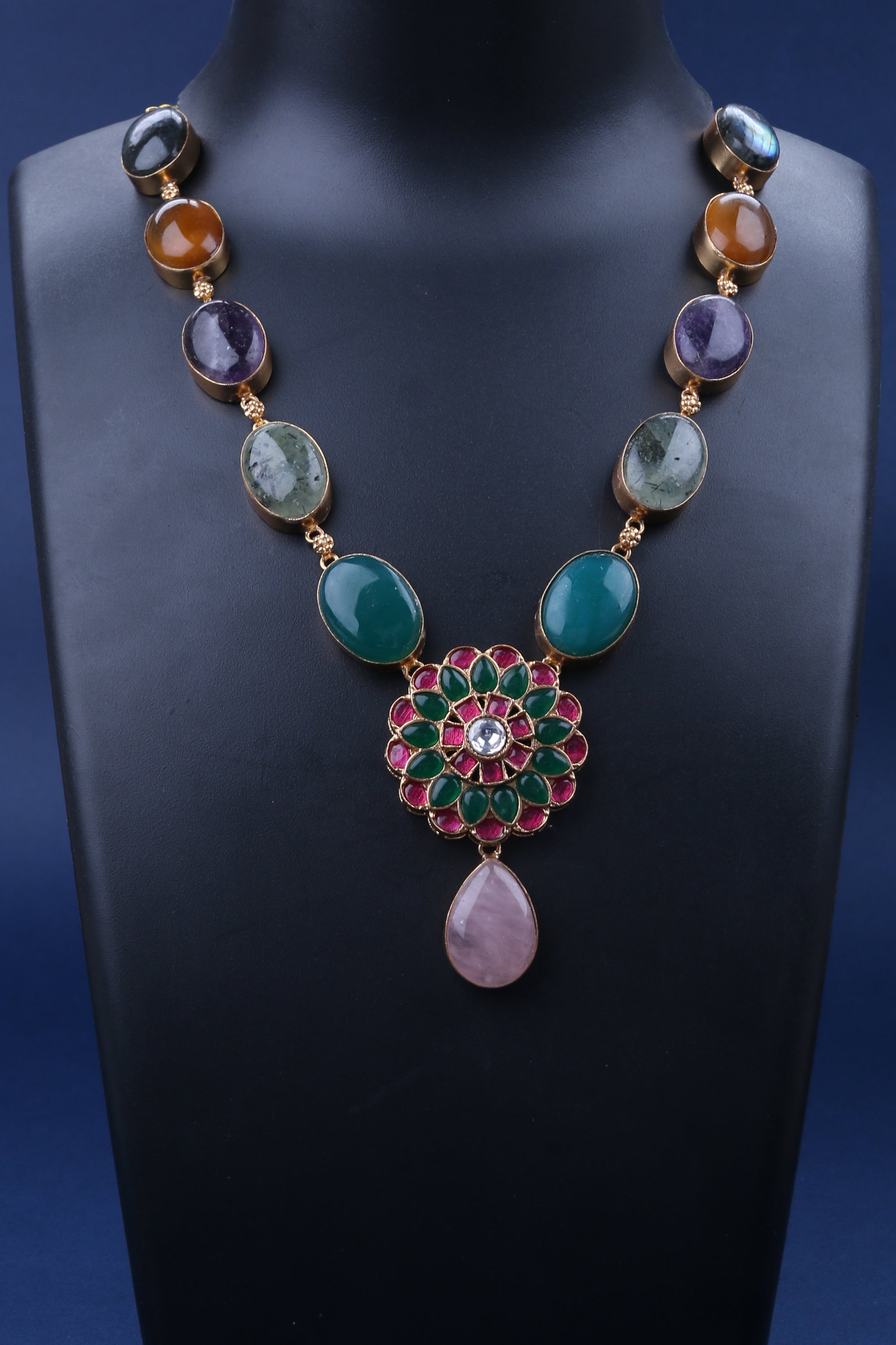 Seven Colour Multi Cabochons with Jadau Kundan Pendant