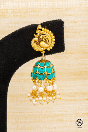 Mayil Jhumkas - Turquoise  with Pearls
