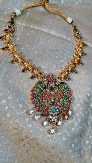 Kundan necklace set - Double peacock, with jhumkas