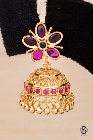 Five stone jhumkas with ruby pink