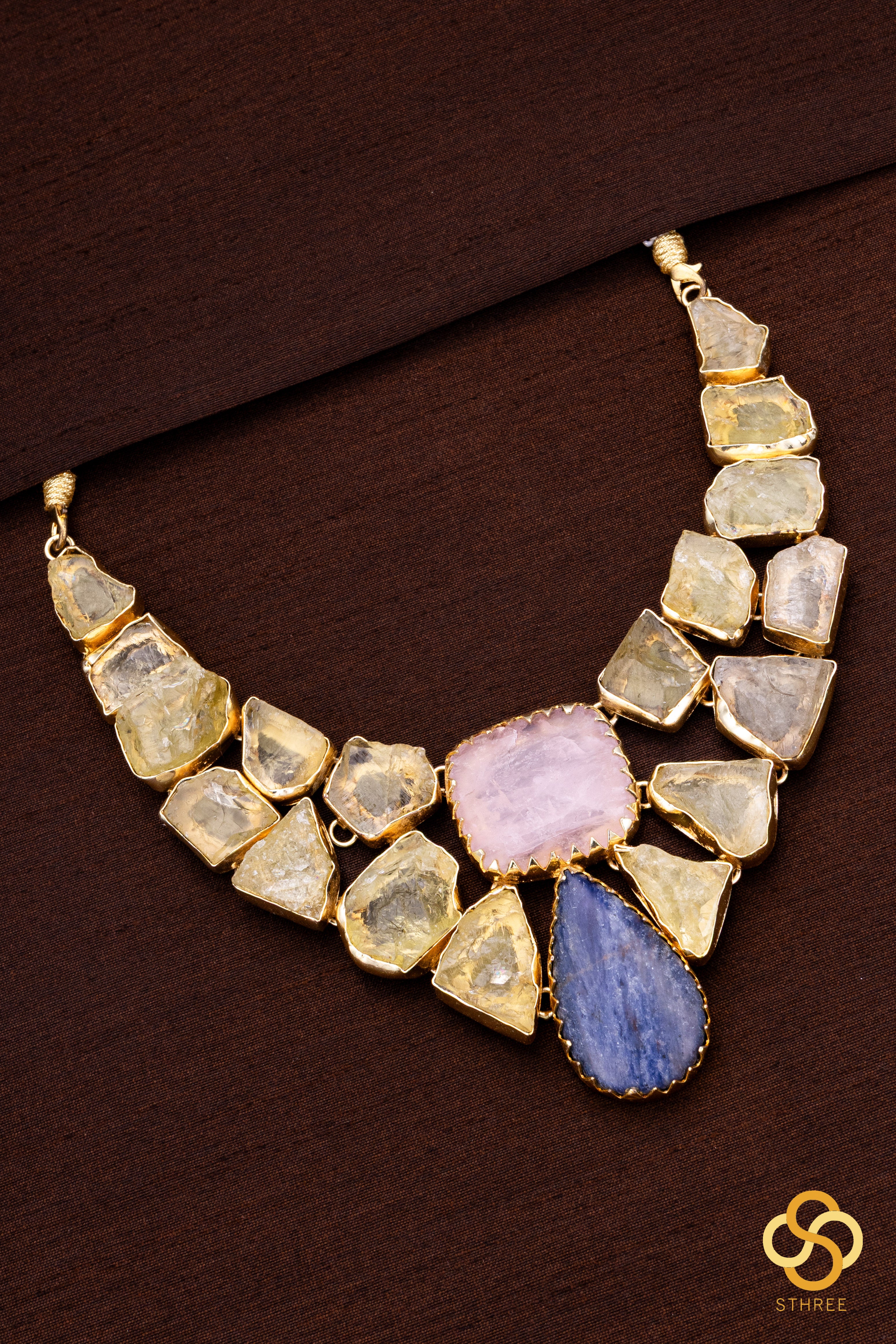 Druzy Raw stone necklace - Citrine yellow with pink and blue