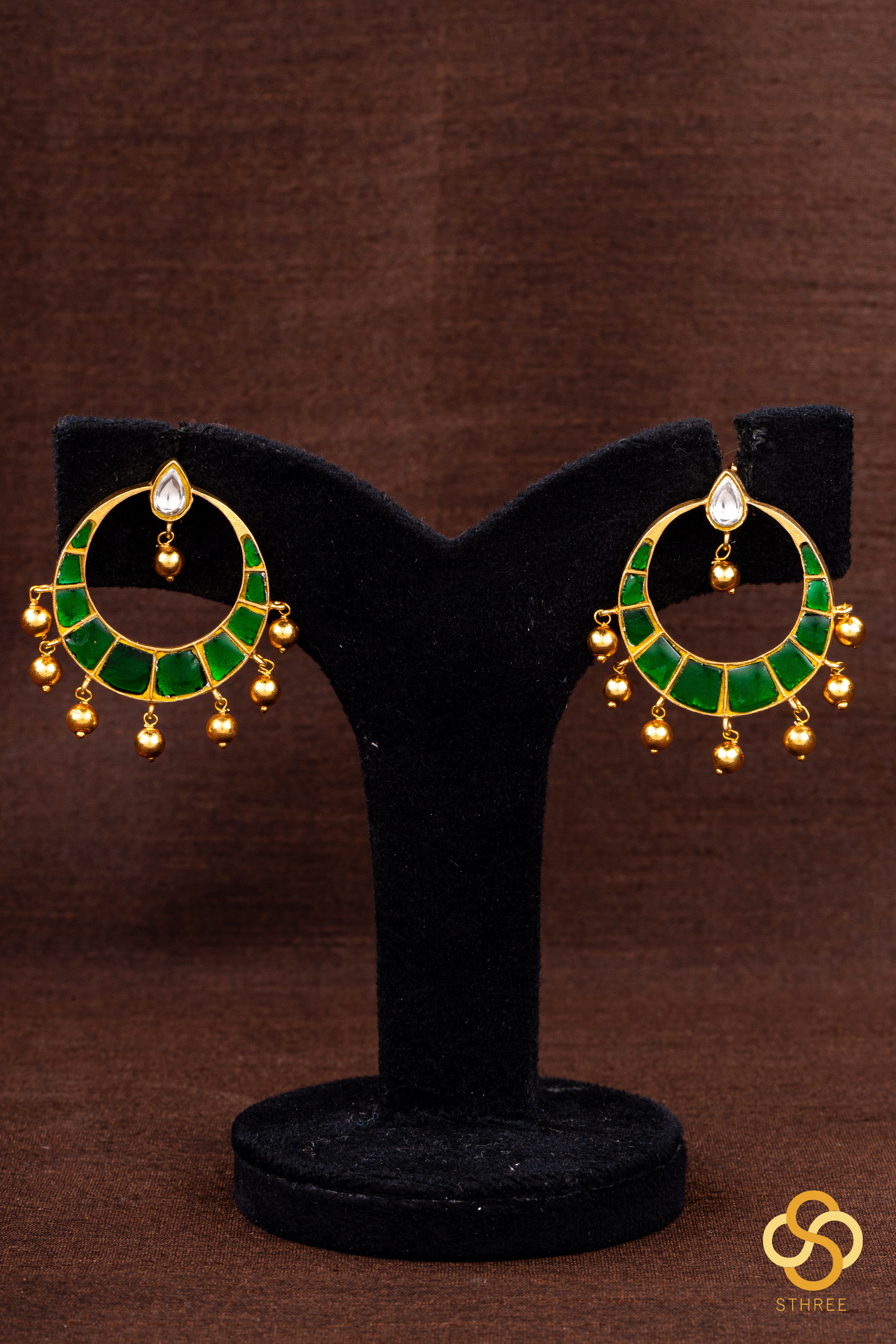 Chandbali with gold balls - Emerald Green