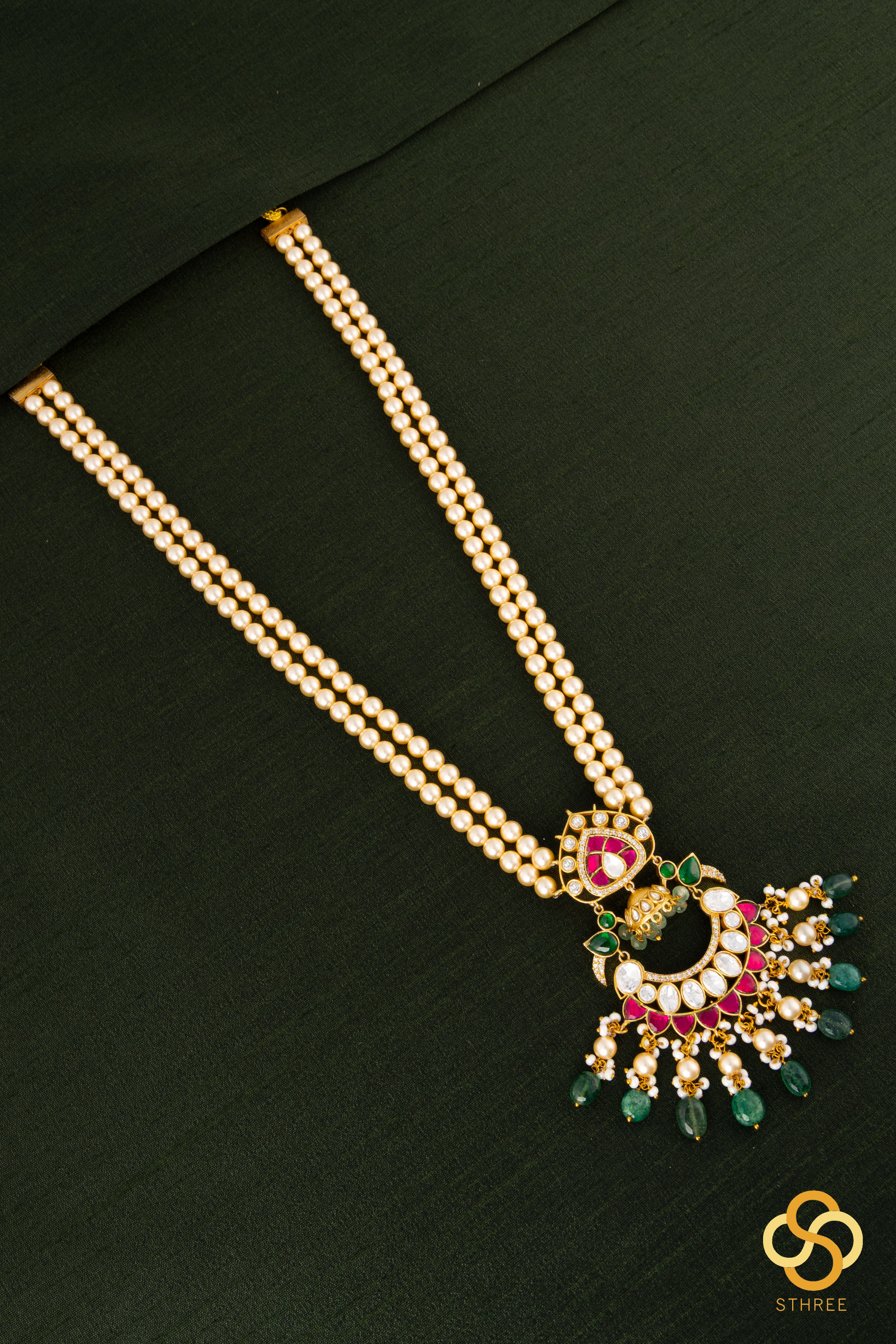 Two-liner pearls with a chandbali pendant -  Ruby red and  Emerald green