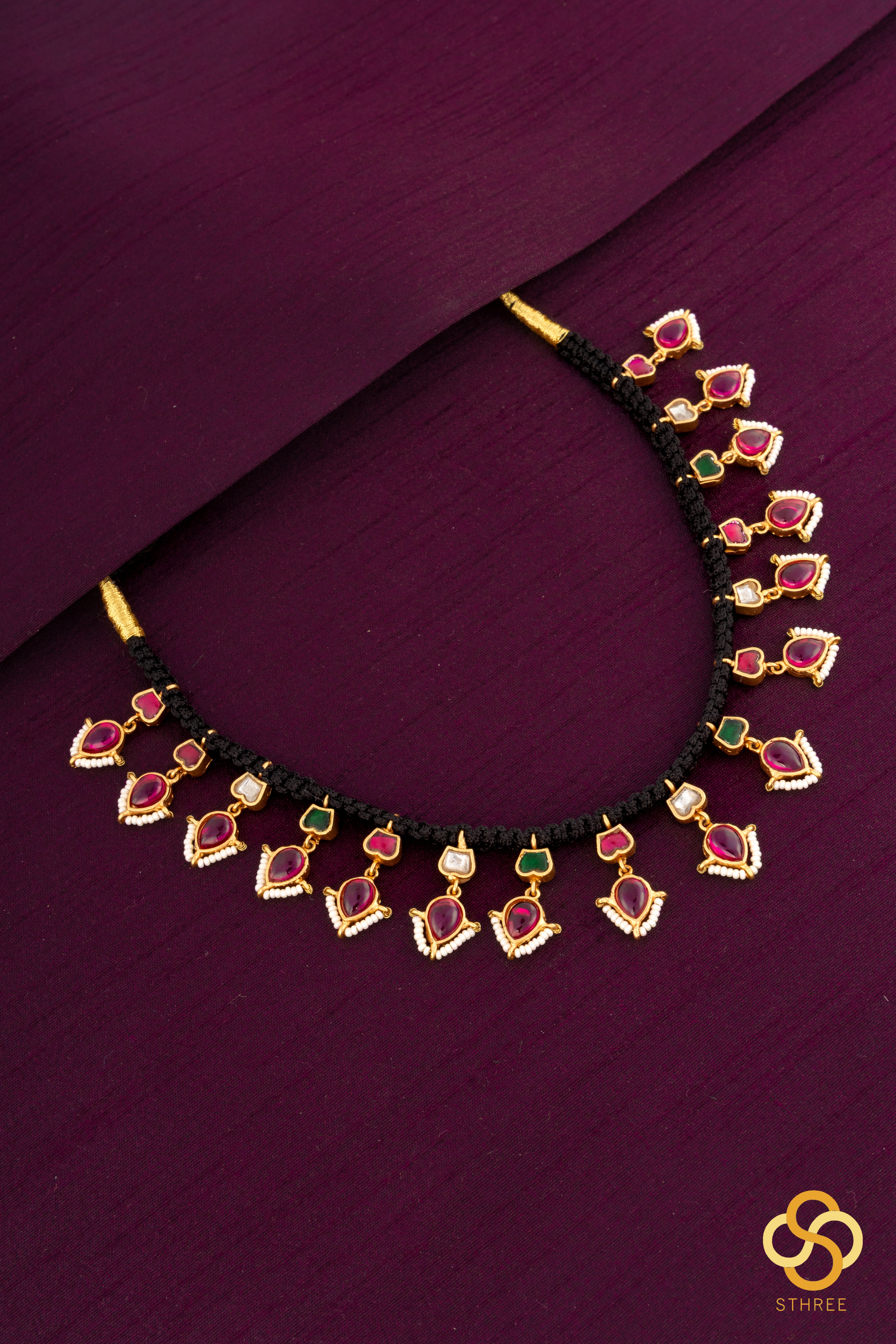 Black Thread with Red Kundan Set