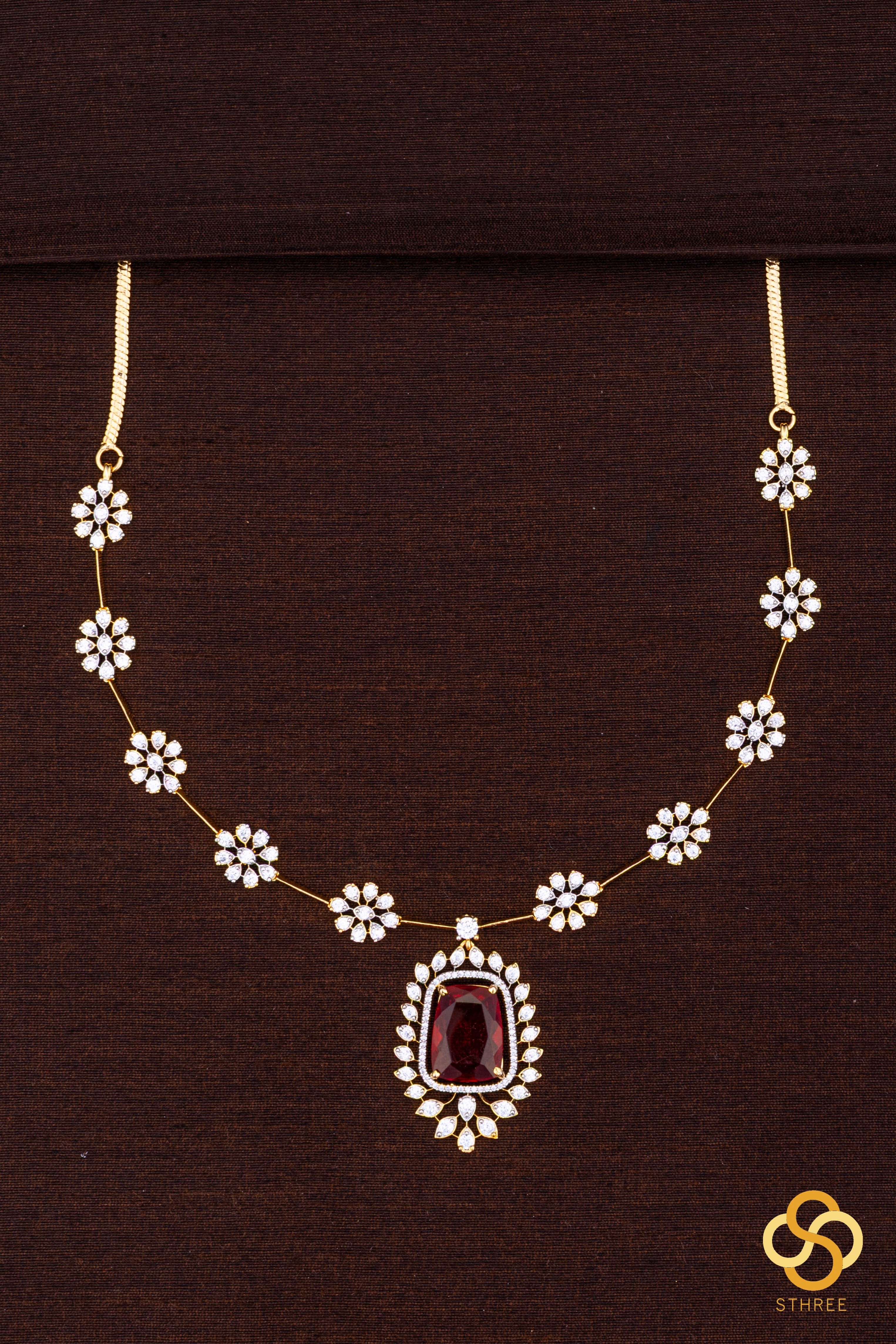 Diamond Pattern Necklace with Ruby Red Pendant