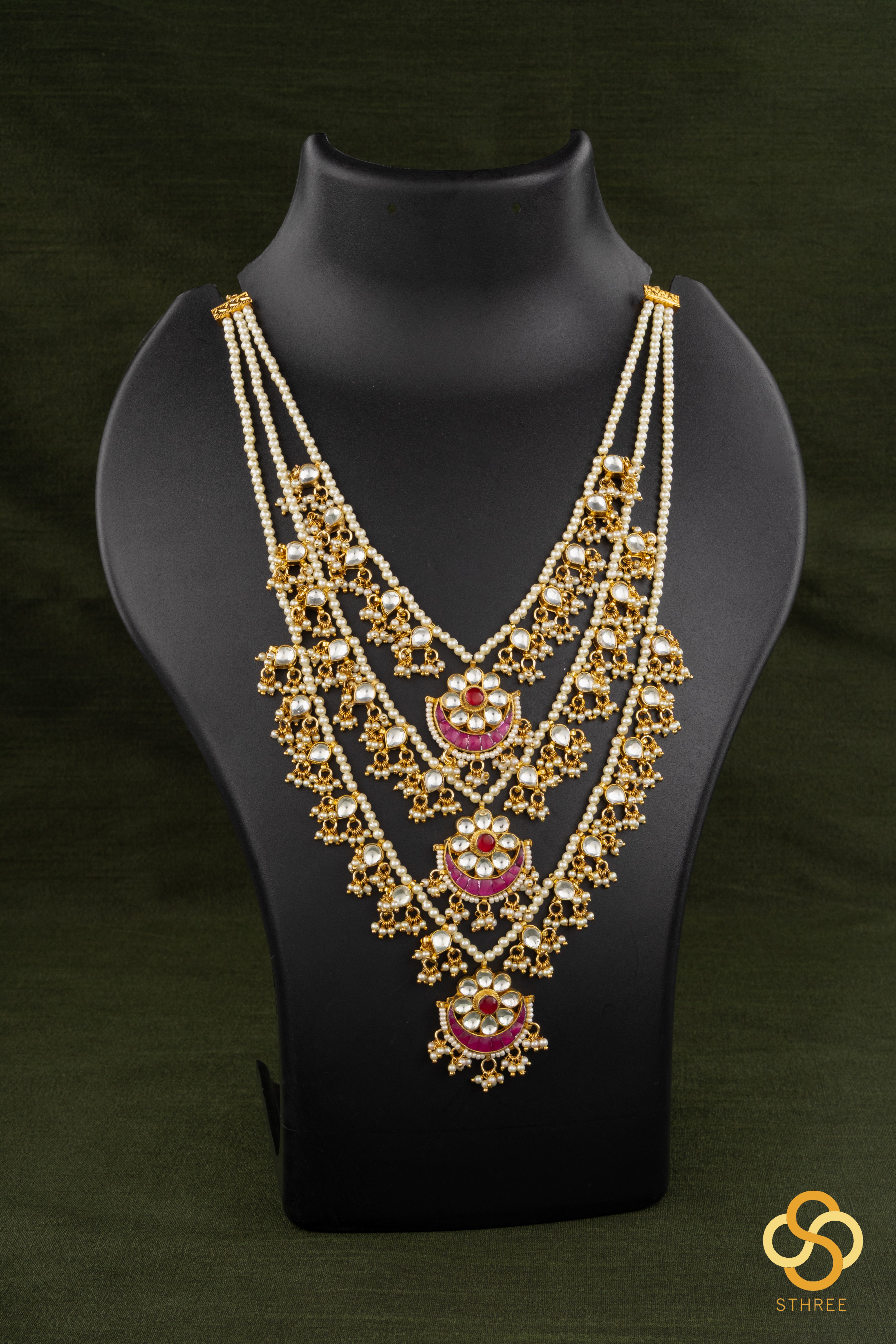Teen lada - Kundan and pearls - White and red kundan