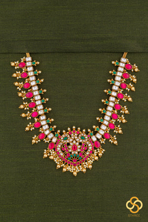 Jadau kundan with Mayil pendent Necklace  - Ruby red and Emerald green