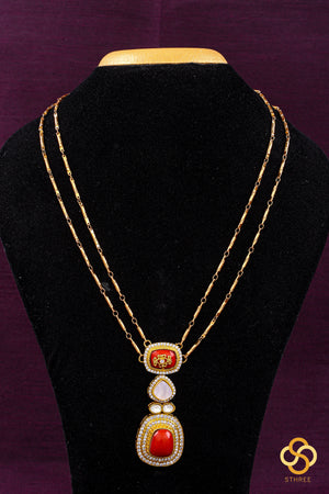 Layered Kundan Necklace - Coral with White