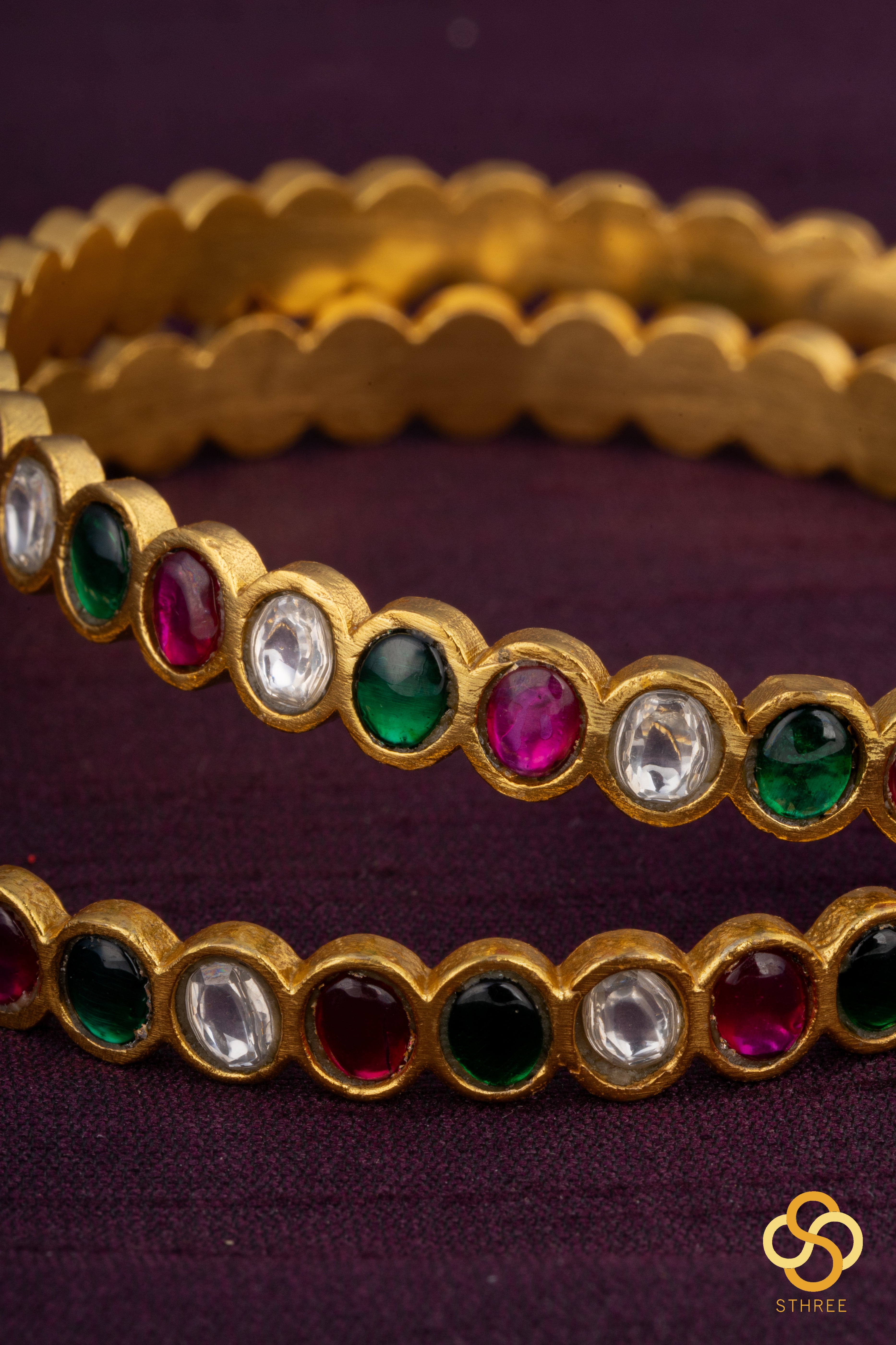 Jadau Kundan bangles - Red, Green and white