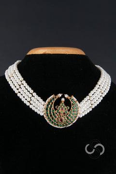 Pearl Choker - 4 Lines - Chandbali Pendant in Green