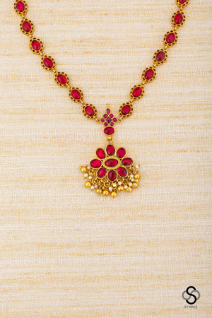 Ambujam - Palakkadu Necklace with Gold Balls and Pearls Hanging
