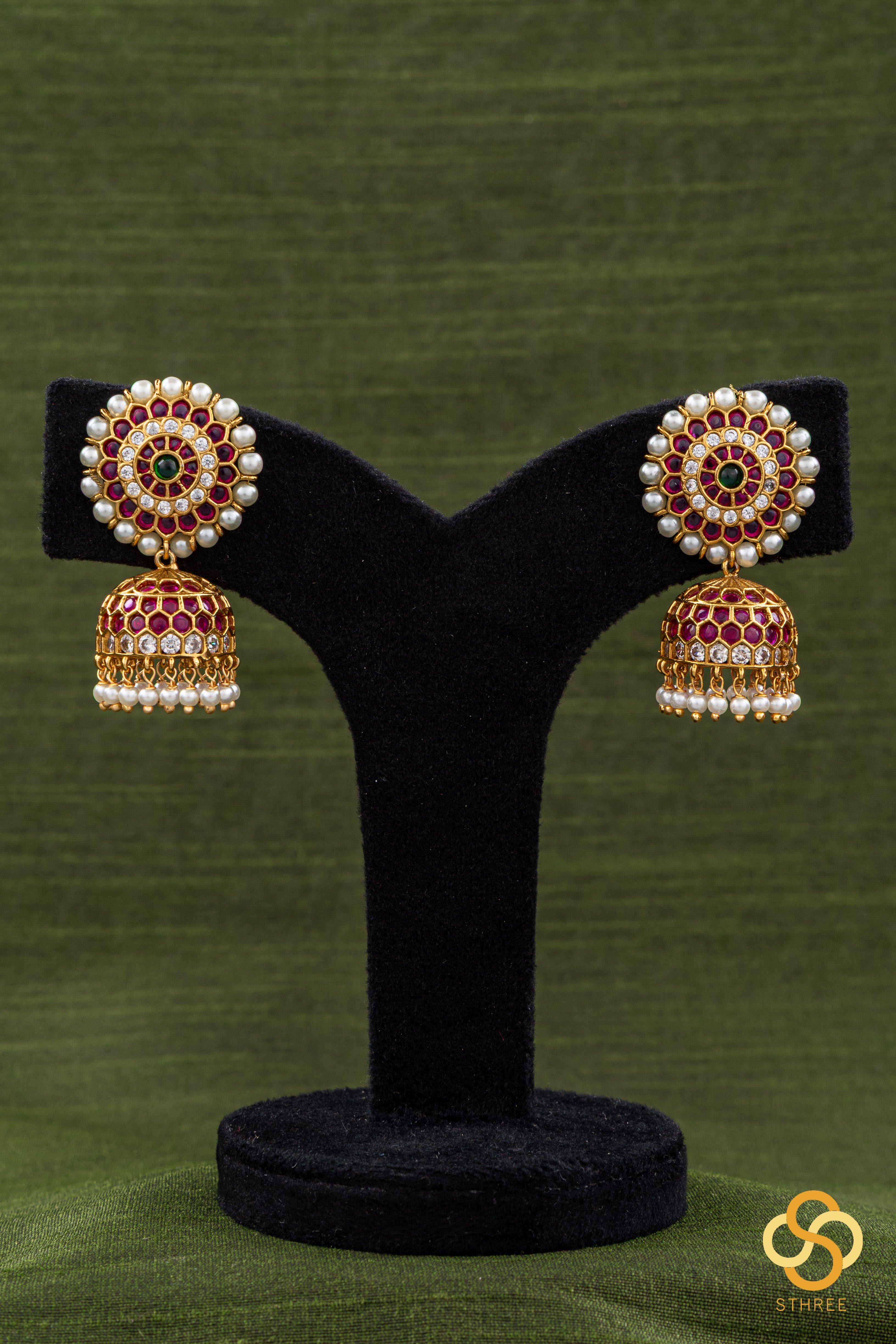 Ruby red and pearl jhumkas