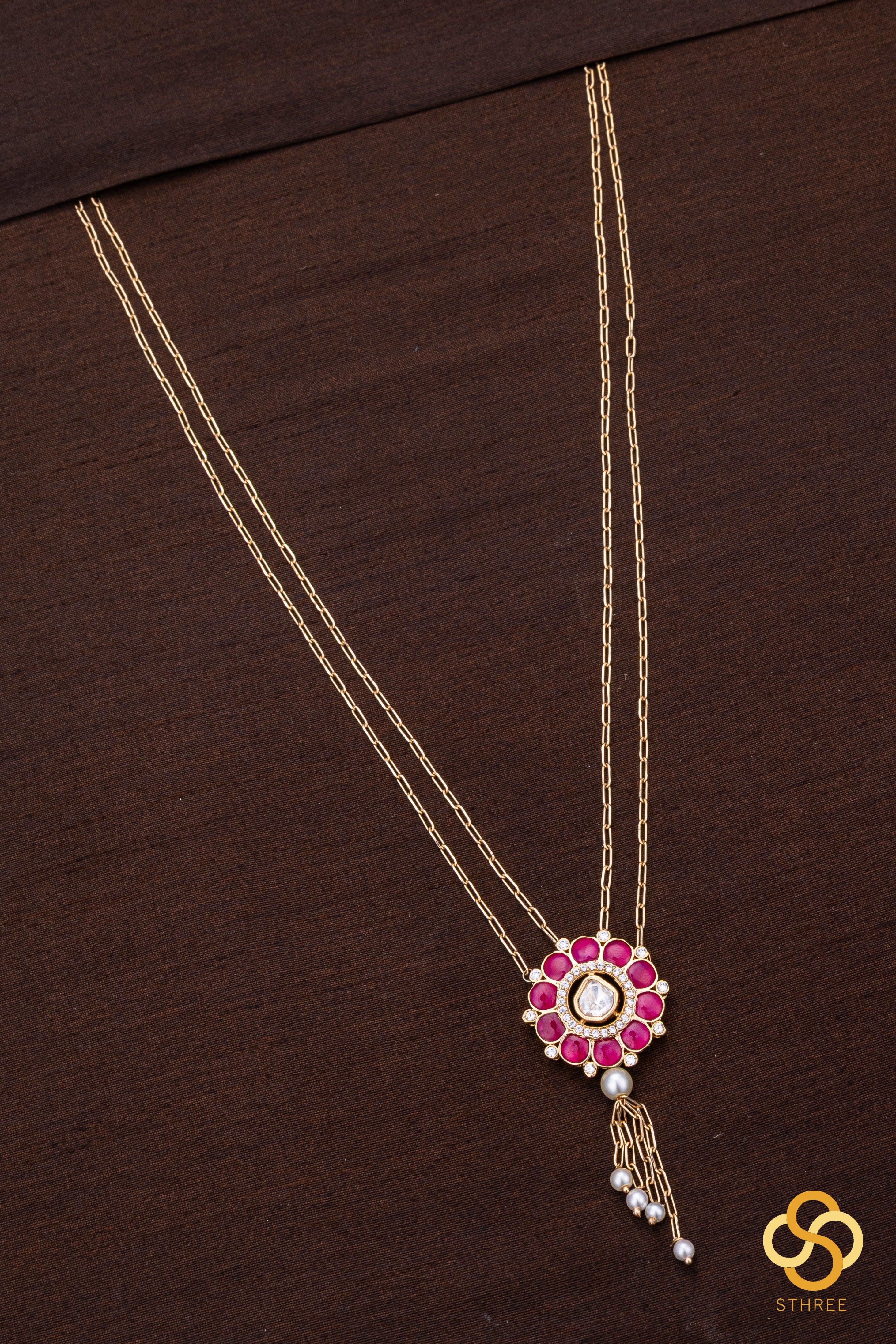 Layered Kundan necklace - Ruby red with pearls