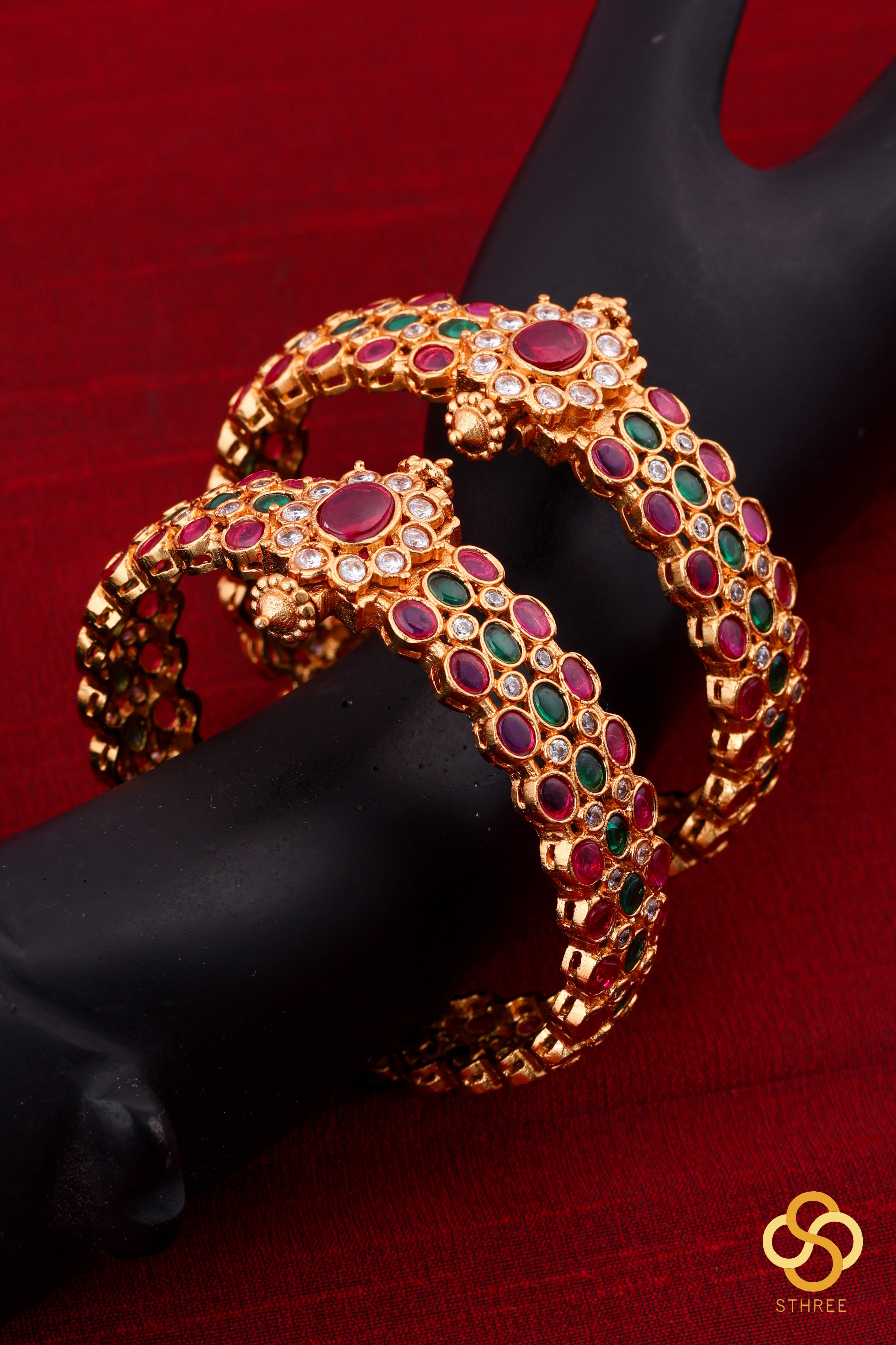 Kada with Mugappu - Ruby red and Emerald green