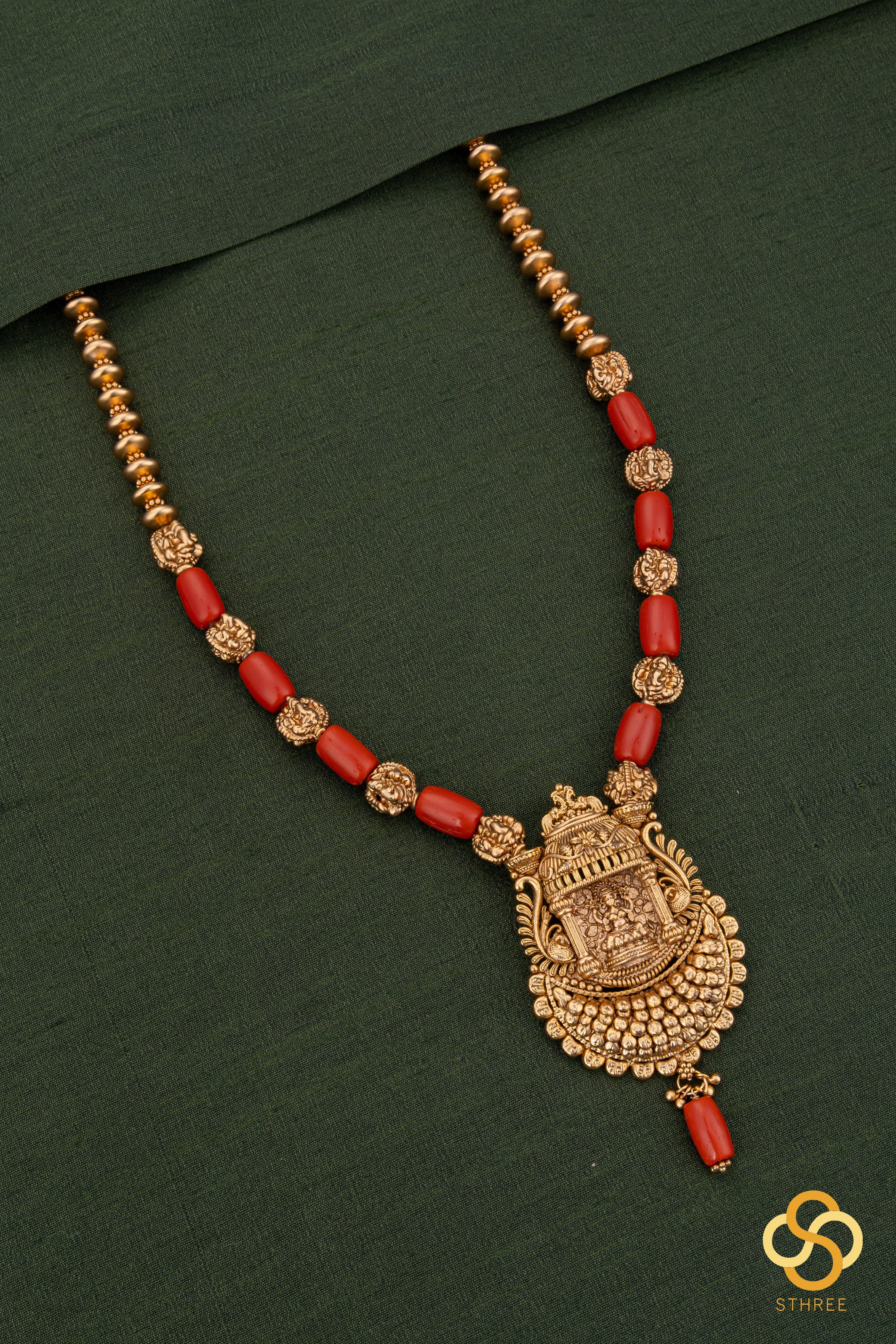 Lakshmi pendant with coral and gold ball set