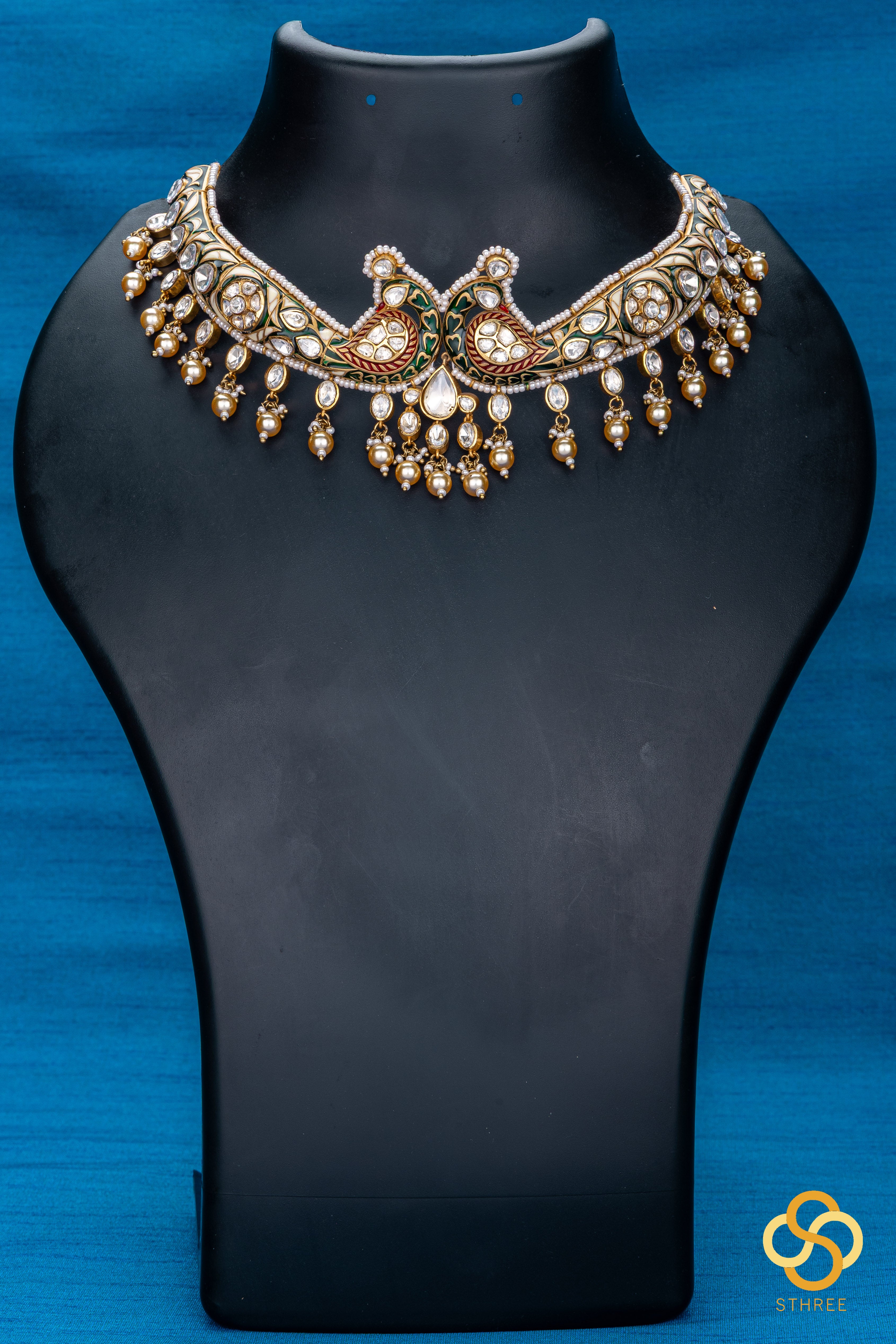 Double Peacock Hasli - White Stone and Pearls