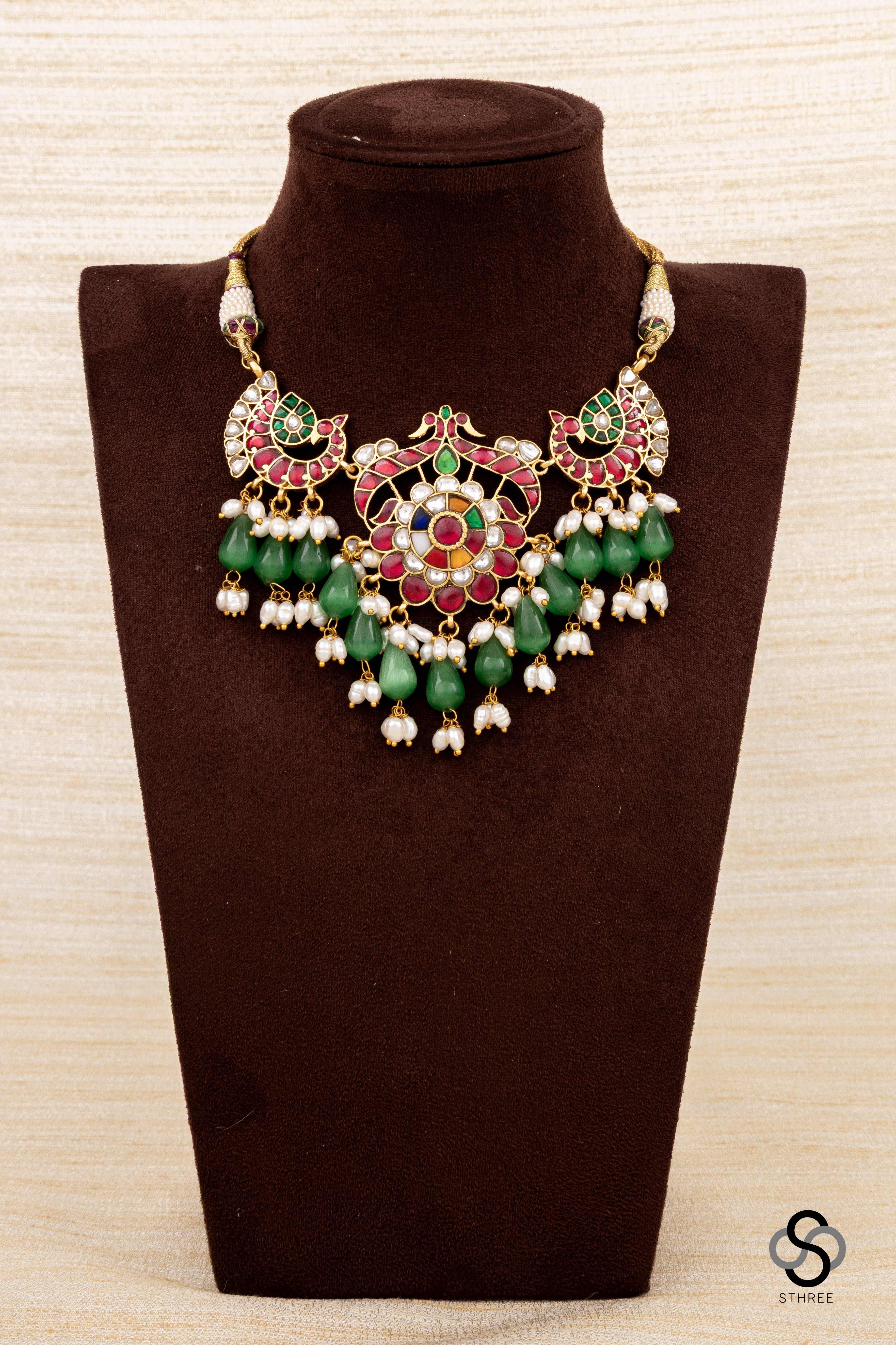 Double Peacock Pendent with Green Beads Choker - Navarathna