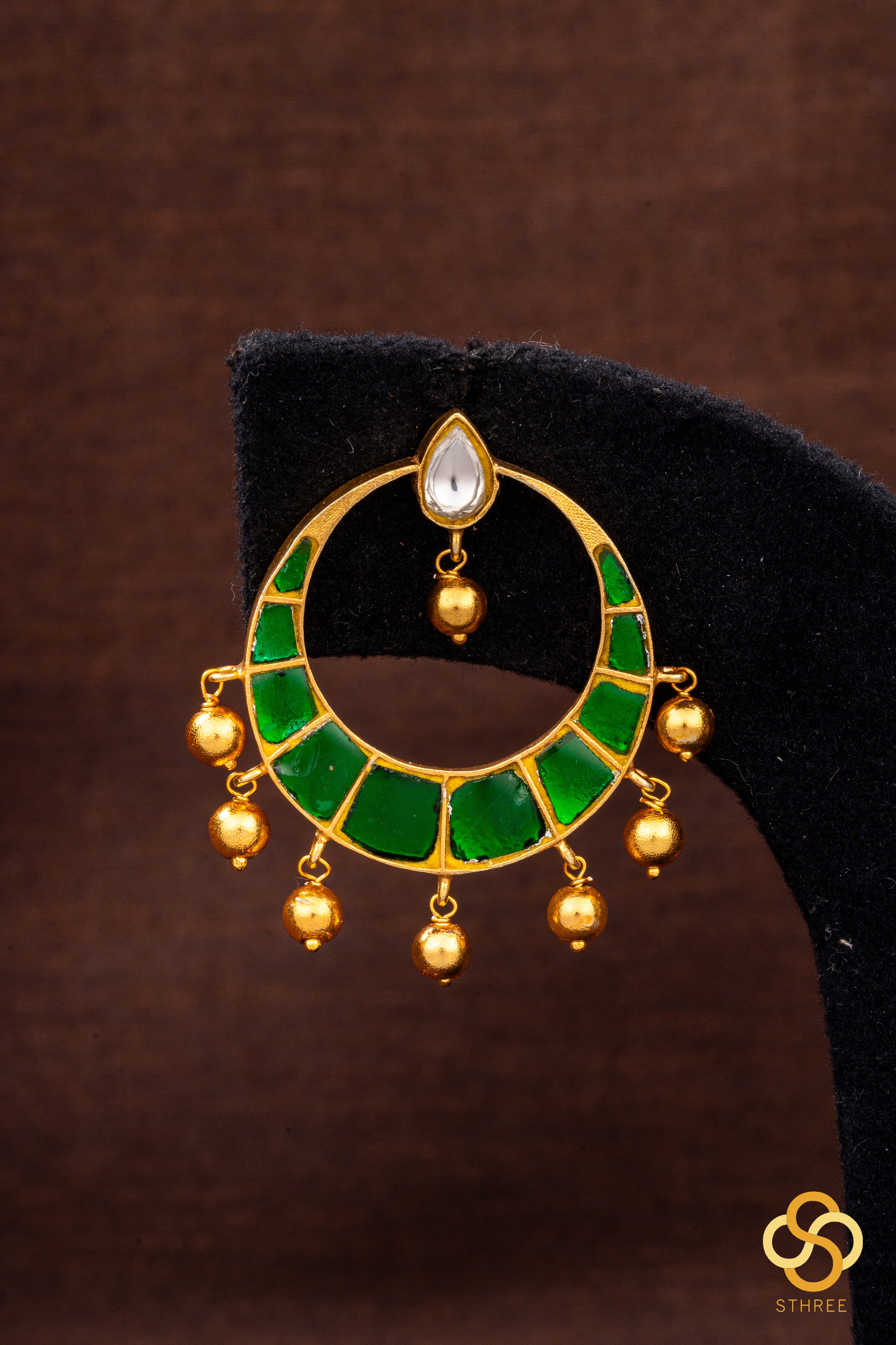 Chandbali with gold balls - Emerald Green