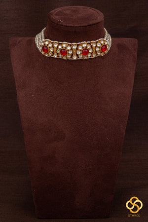 Pearl Choker in Jadau kundan pendant - ruby red