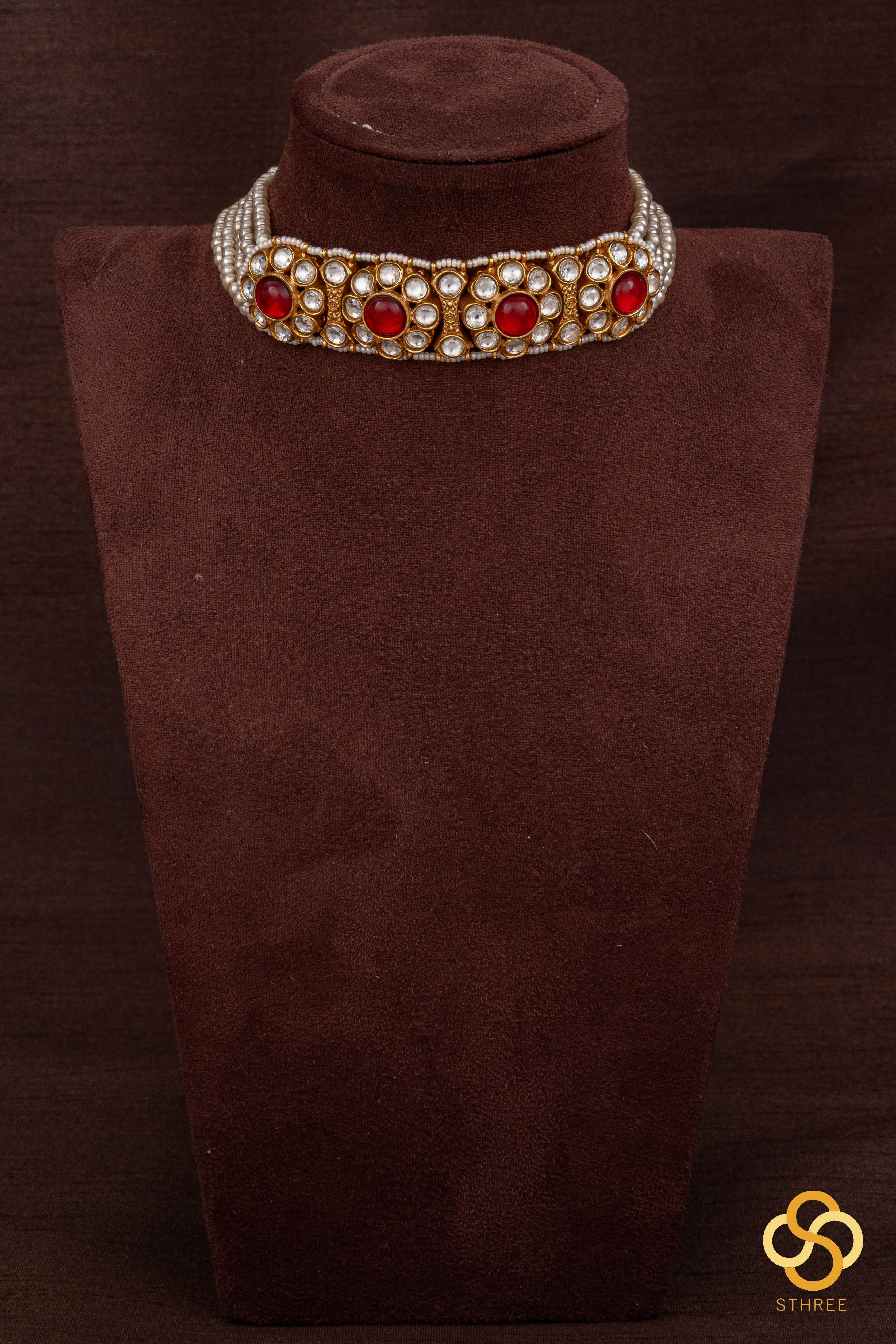 Pearl Choker in Jadau kundan pendant - ruby red