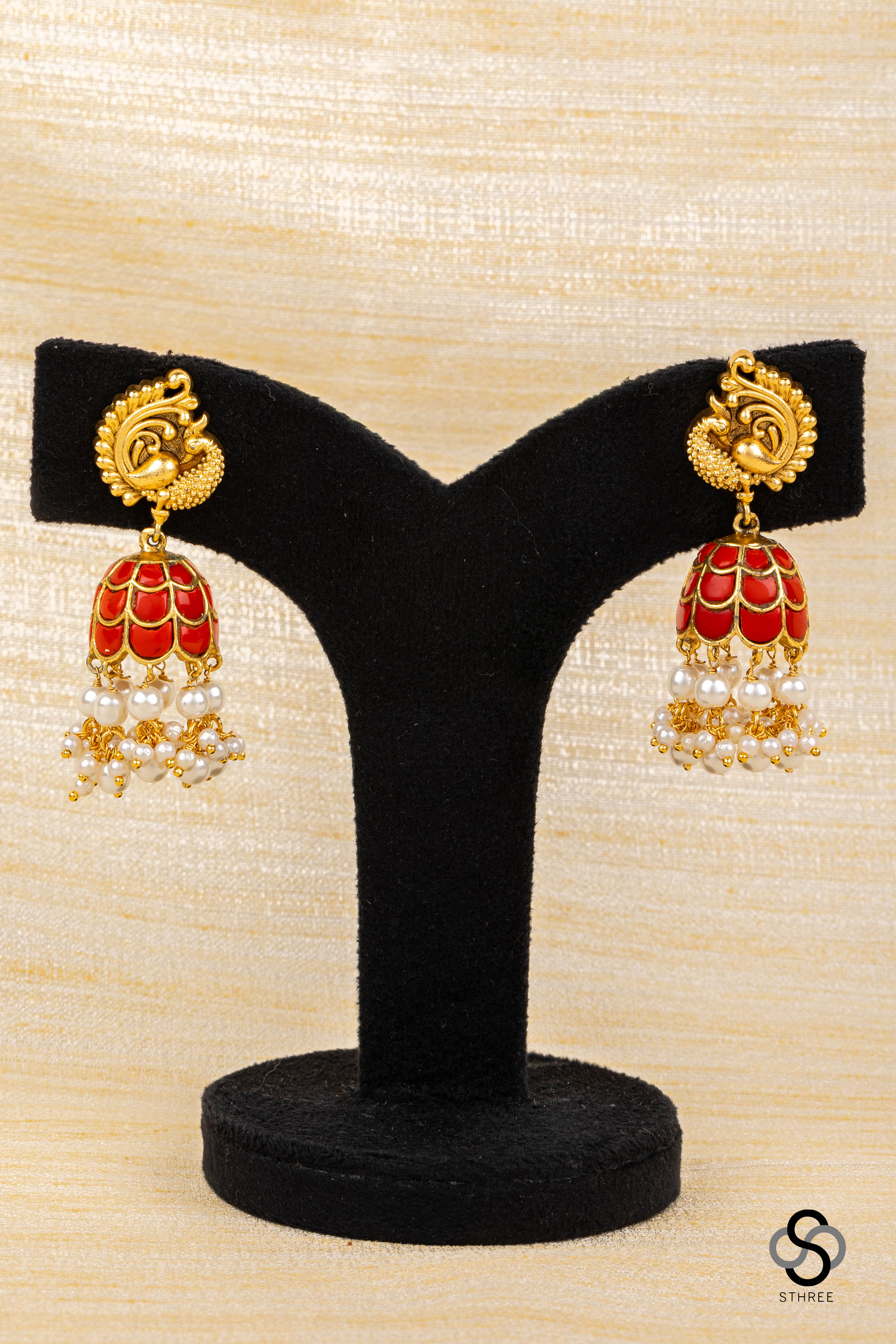 Mayil Jhumkas - Coral with Pearls